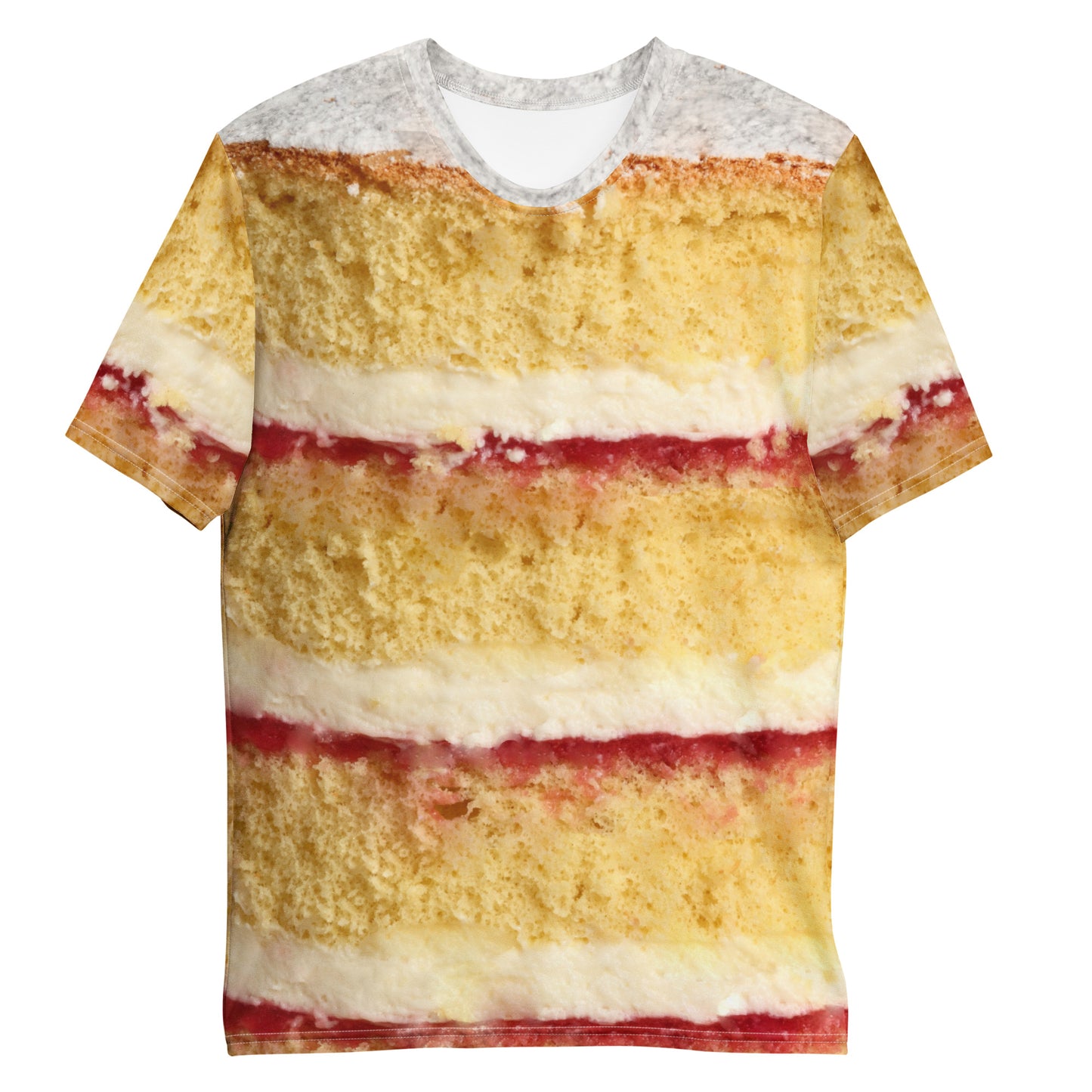 Victoria sponge cake layers men's all over print T-shirt laid flat front