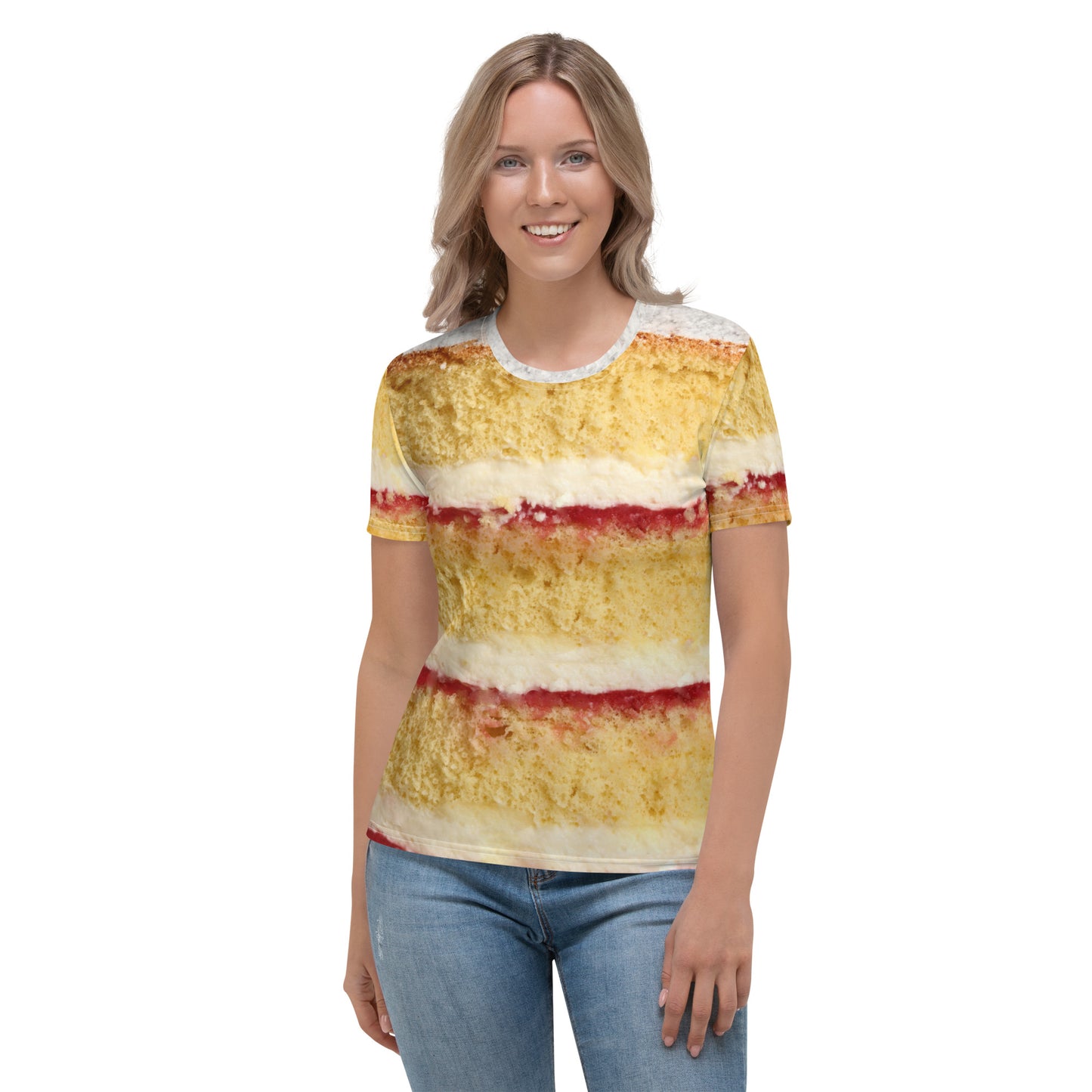 Female model wearing Victoria sponge cake layers women's all over print T-shirt