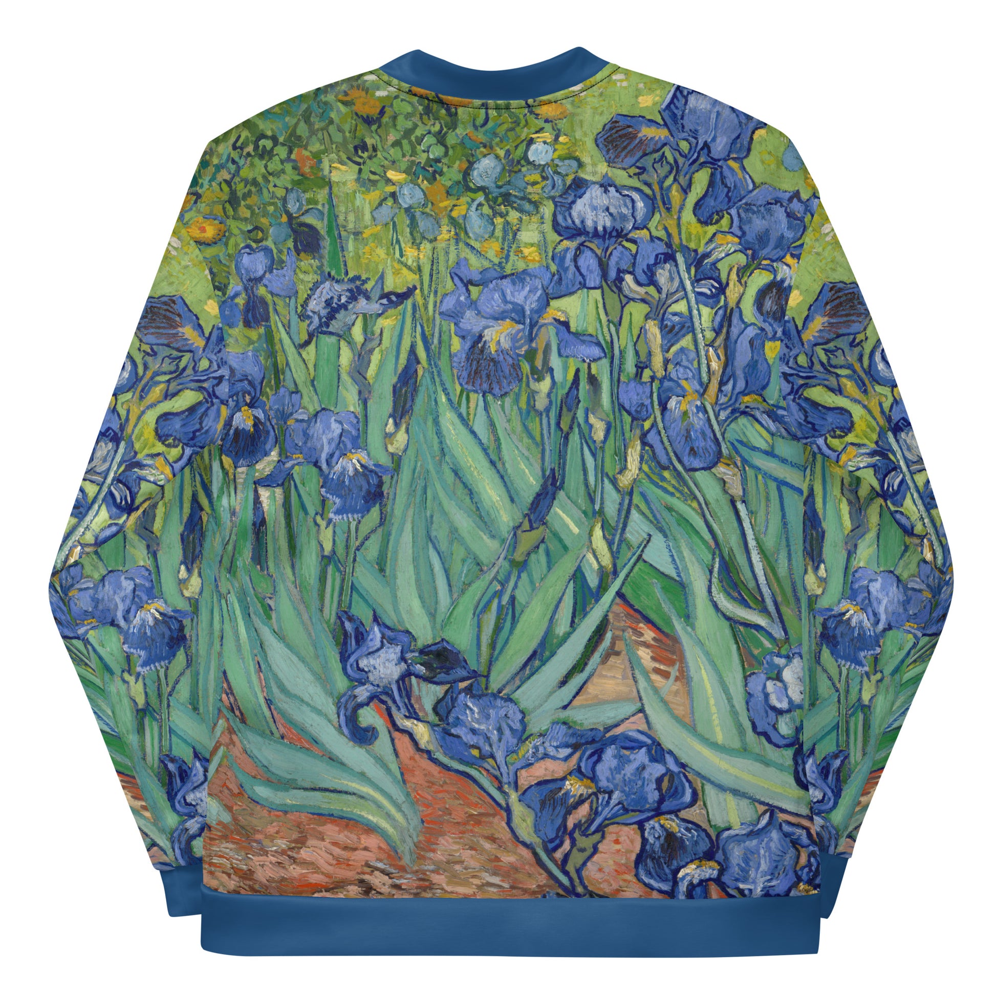 Lightweight bomber jacket with Vincent Van Gogh 'Irises' all over printed design. Back of jacket.