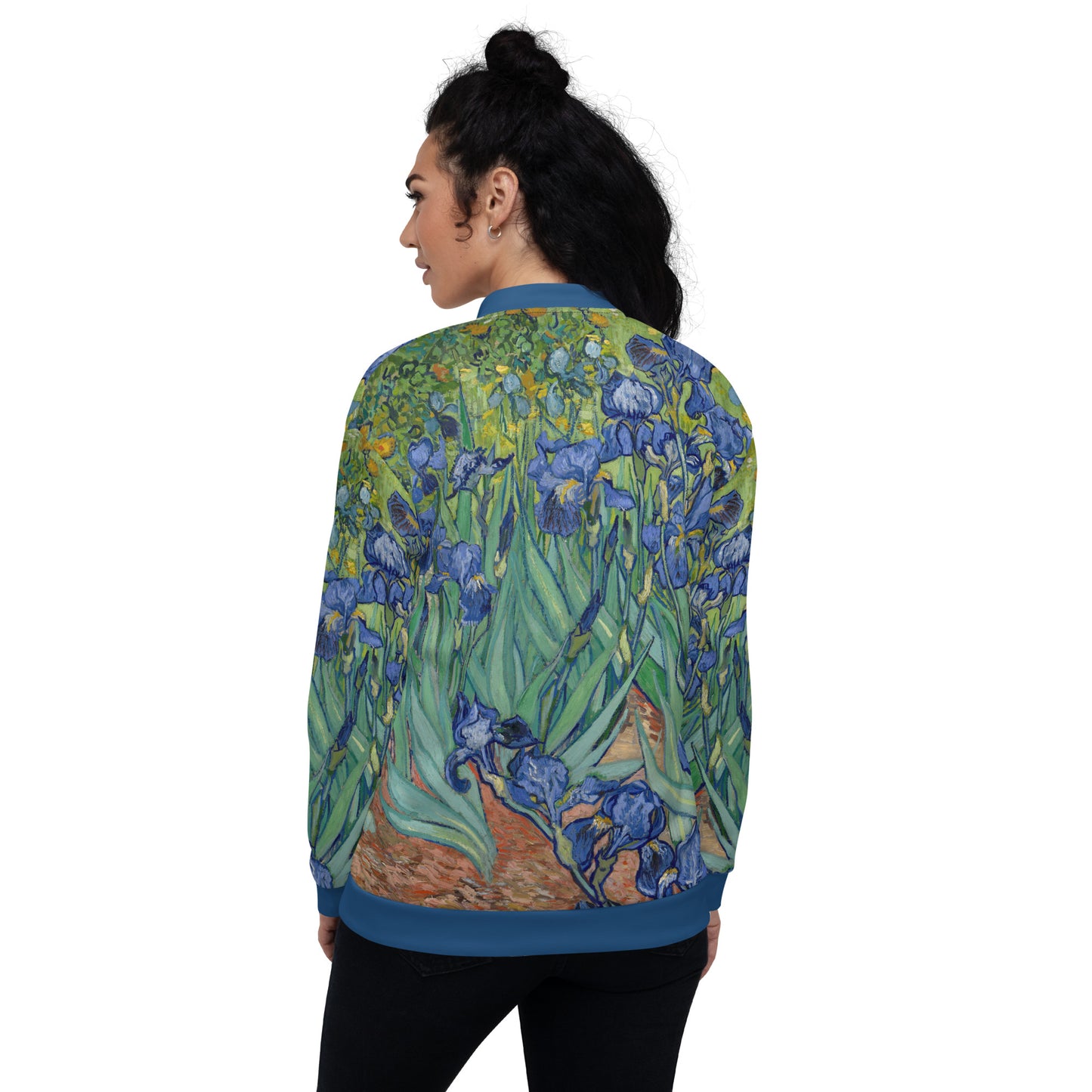 Lightweight bomber jacket with Vincent Van Gogh 'Irises' all over printed design. Female model rear view.