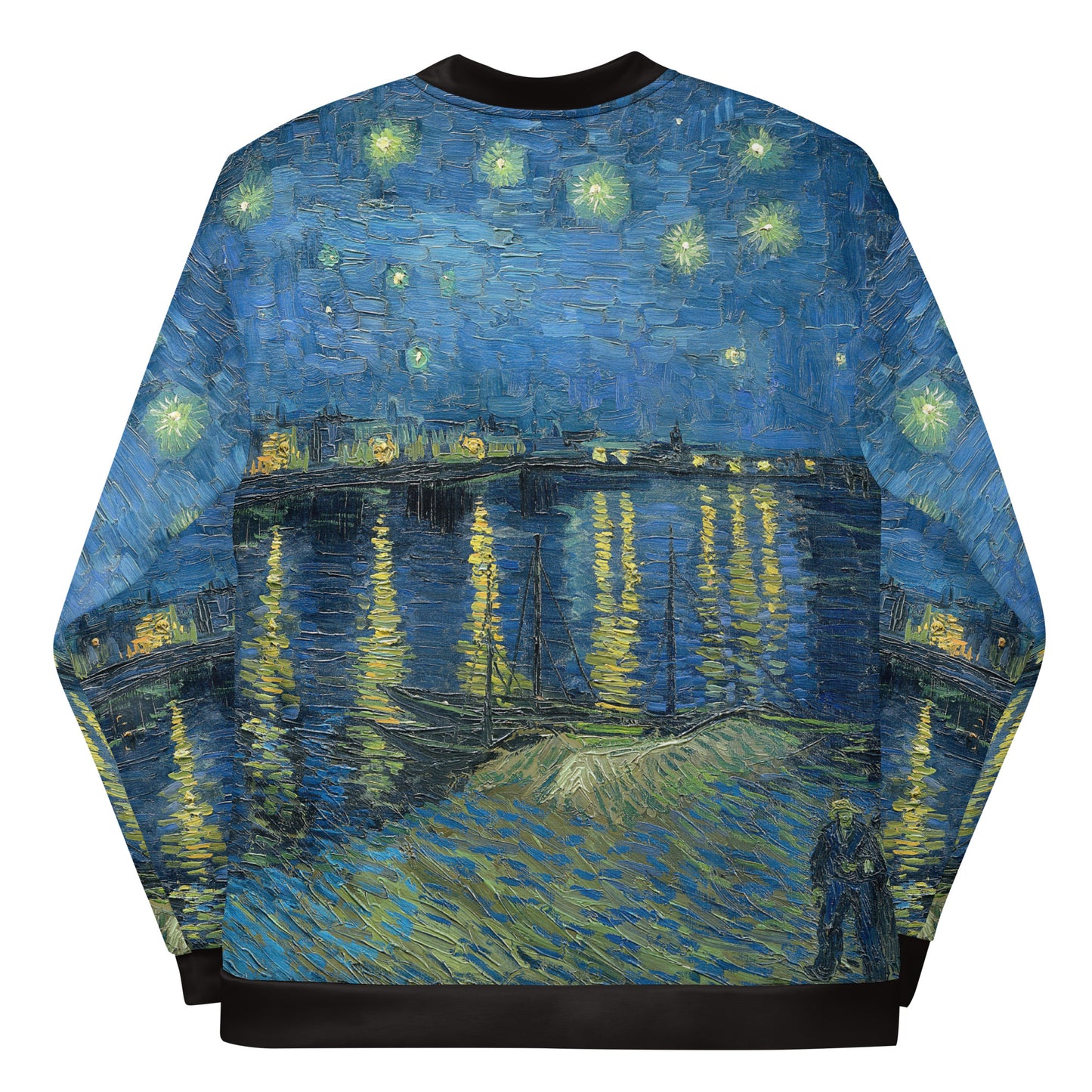 All over printed lightweight bomber style jacket in Van Gogh's Starry Night Over the Rhone design. Back of jacket, laid flat.