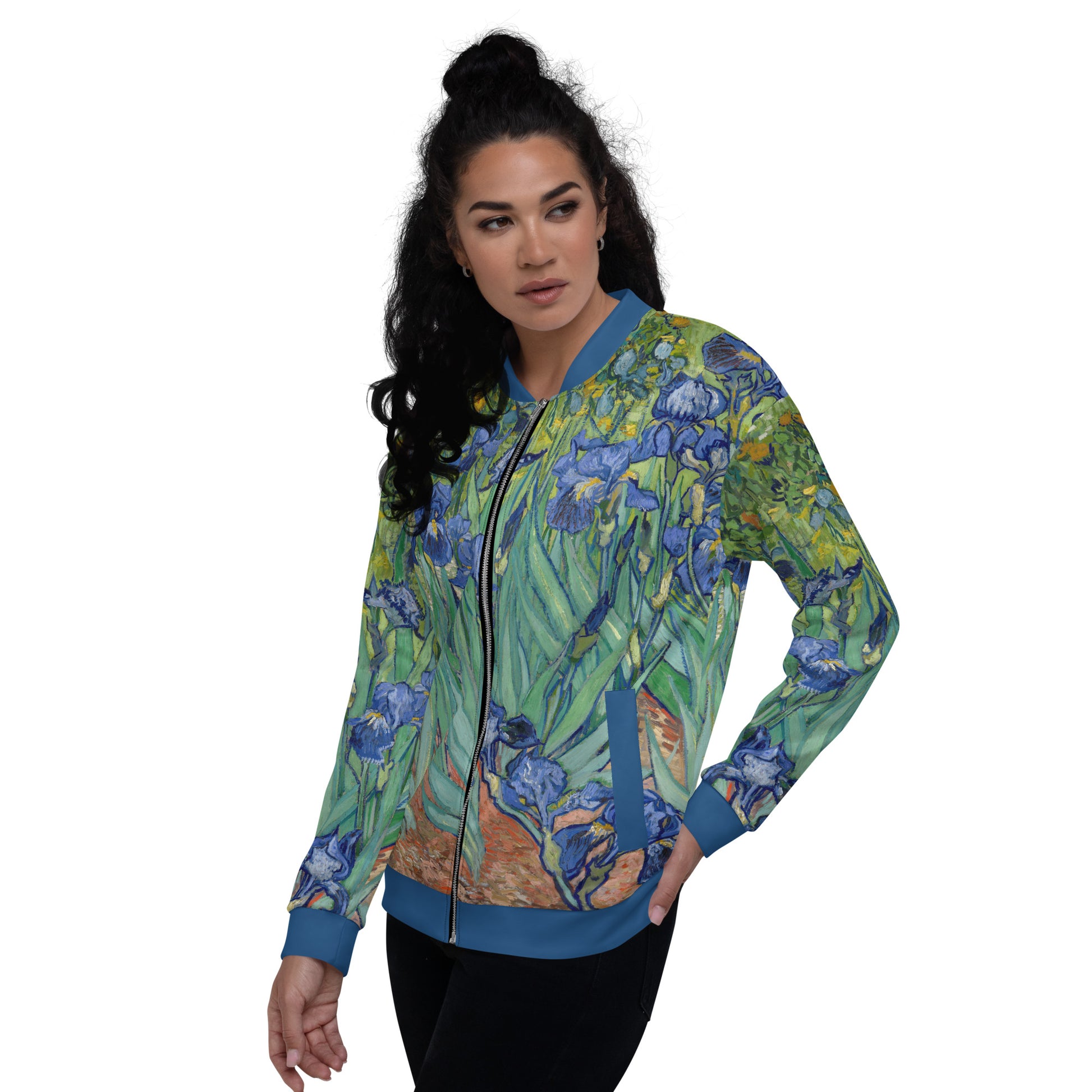 Lightweight bomber jacket with Vincent Van Gogh 'Irises' all over printed design. Female model.