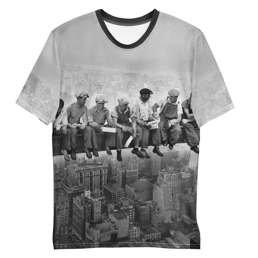 Vintage Lunch Atop a Skyscraper Iconic All Over Print Photo T-shirt, laid flat, front