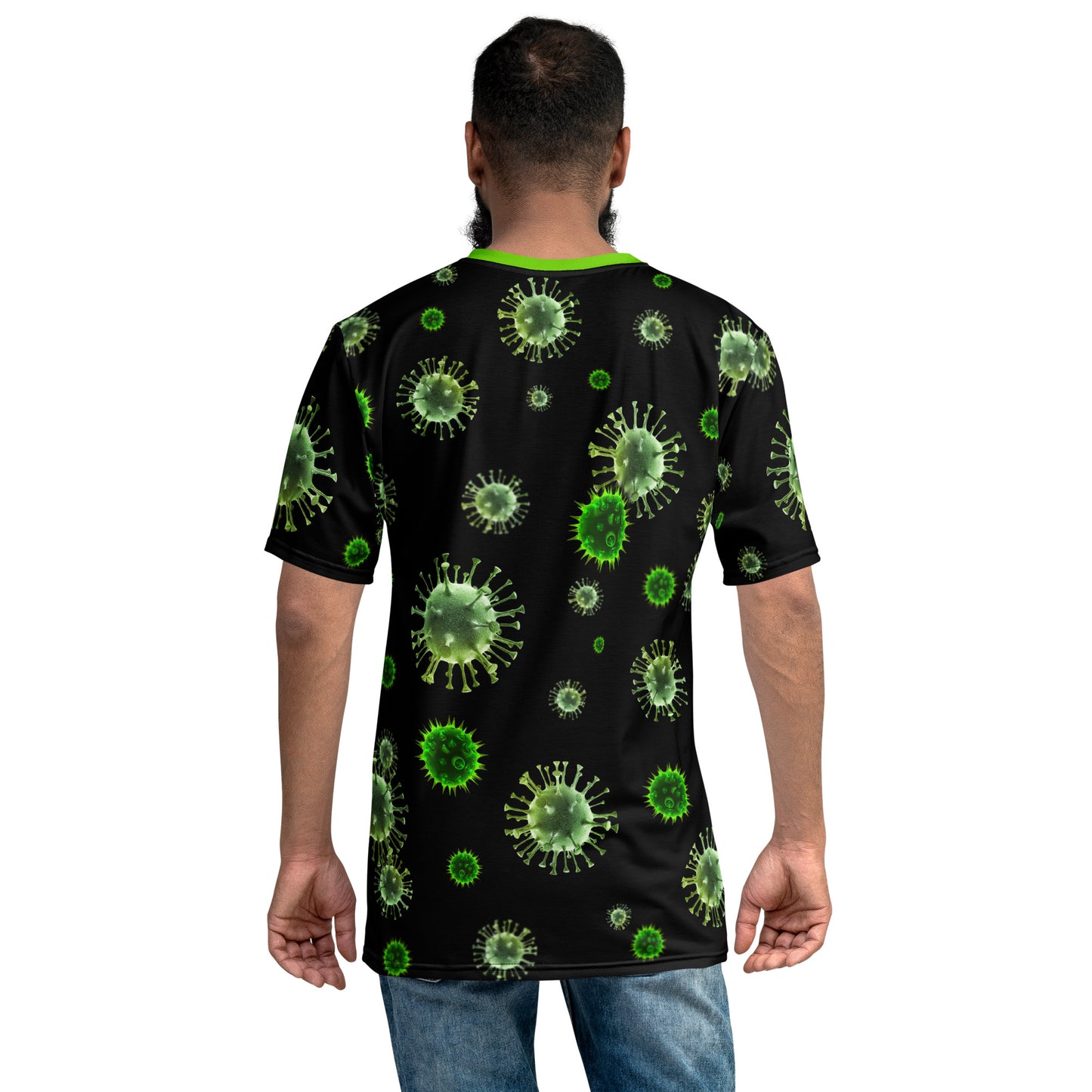 man wearing Virus microbes novelty all over print men's t-shirt rear view