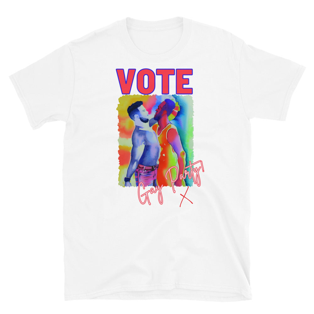 funny VOTE GAY PARTY! T-shirt with an image of two men dancing , white