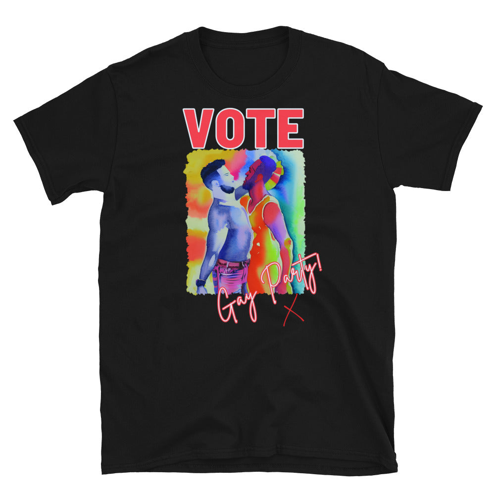 Black funny VOTE GAY PARTY! T-shirt with an image of two men dancing 