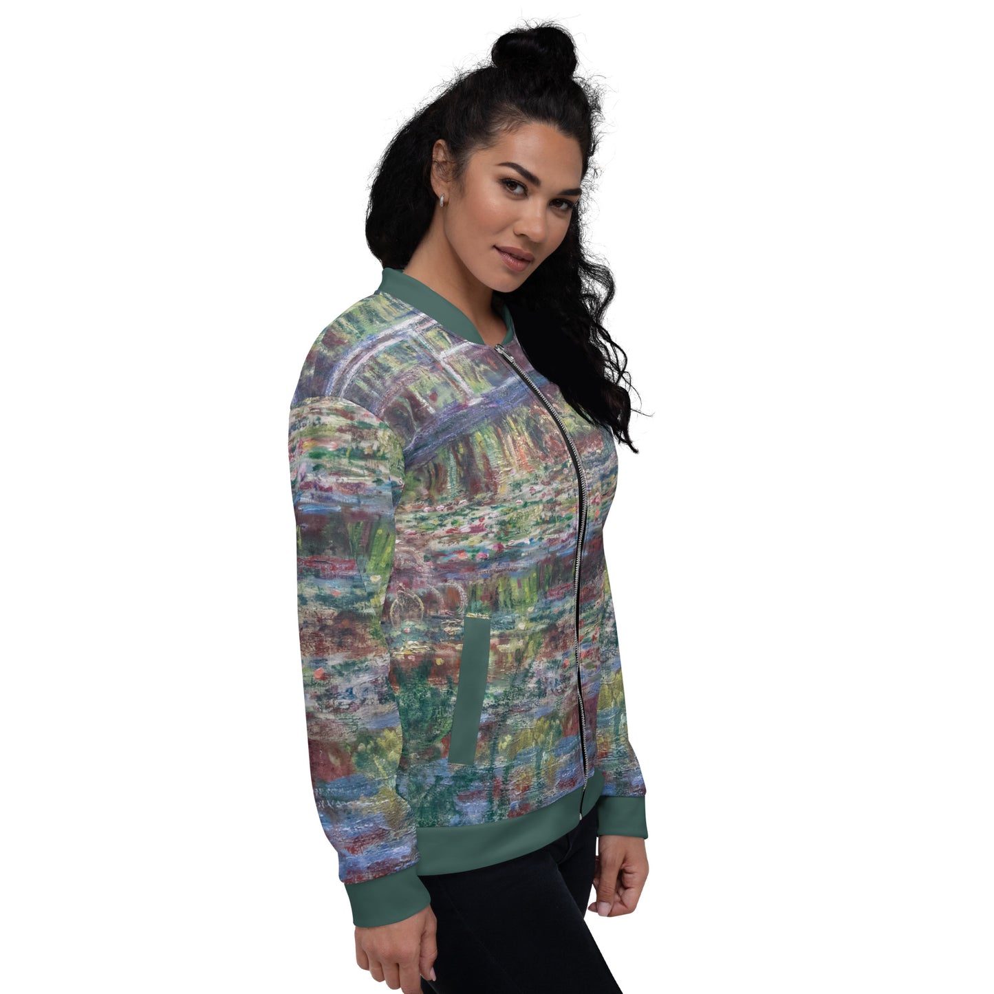 Lightweight bomber style jacket featuring Monets 'Le Bassin aux nymphéas, Harmonie rose' Unisex Lightweight Jacket - Bridge Over Monets Pond & Water Lilies Print. Female model right side.