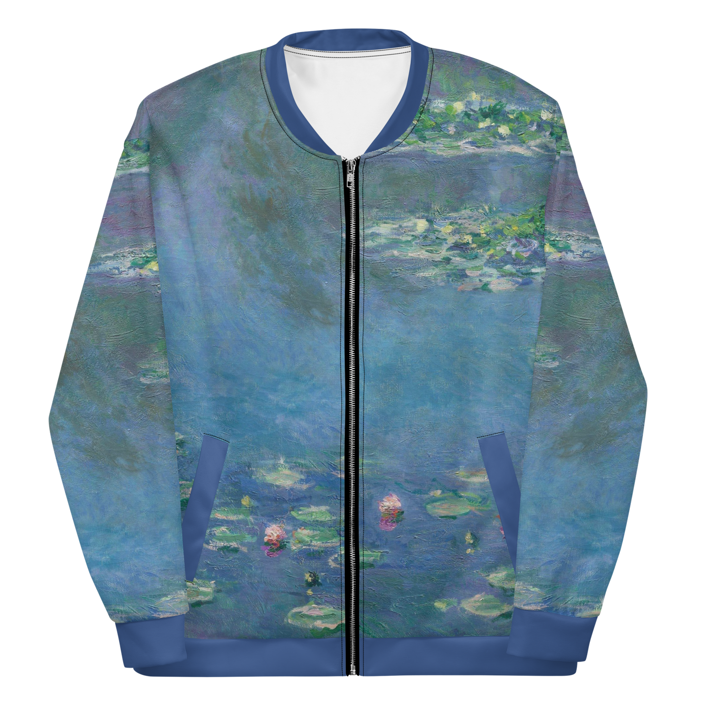 Lightweight unisex bomber style jacket printed with Claude Monet's 'Water Lilies'.