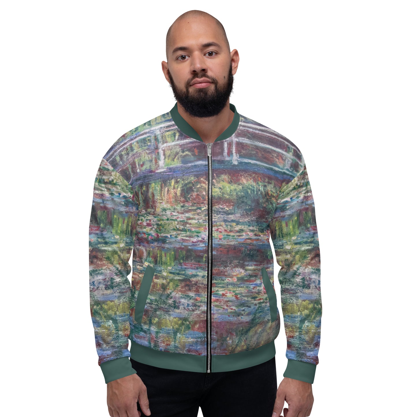 Lightweight bomber style jacket featuring Monets 'Le Bassin aux nymphéas, Harmonie rose' Unisex Lightweight Jacket - Bridge Over Monets Pond & Water Lilies Print. Male model front view.