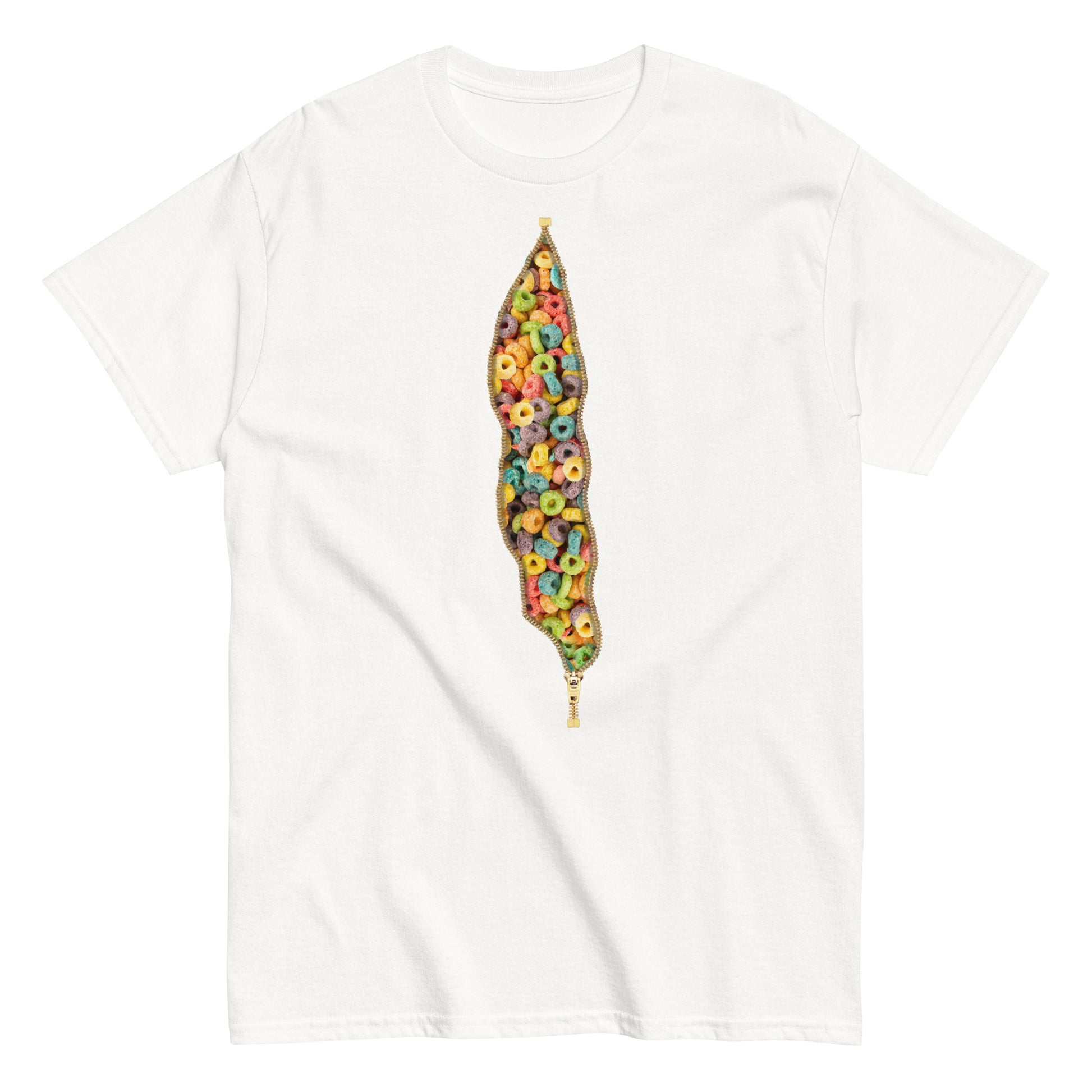 White tee shirt with Froot Loops design. Open zipper print.