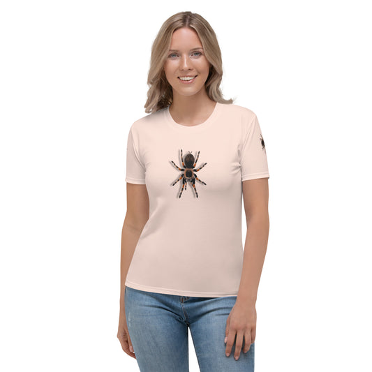 woman wearing a pale pink t-shirt with realistic looking 3D Tarantula spiders on both arms, back and front, front view