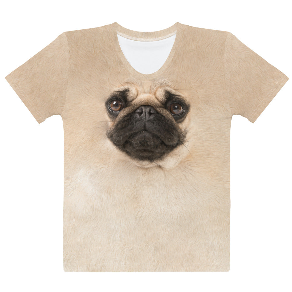 Pug Dog face all over print women's T-shirt laid flat front