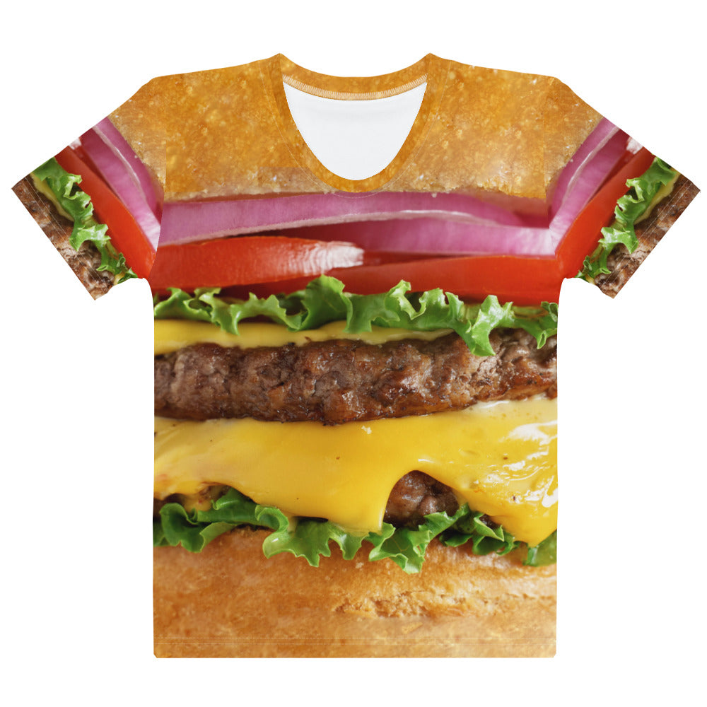 Cheeseburger all over print women's T-shirt laid flat front