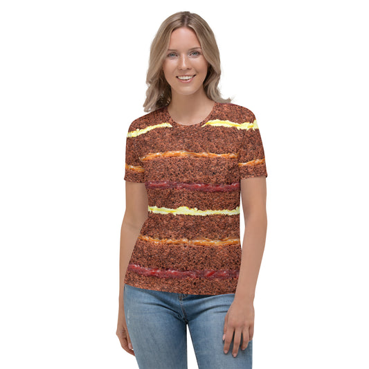 female model wearing Chocolate Gateau Cake Layers all over print women's T-shirt