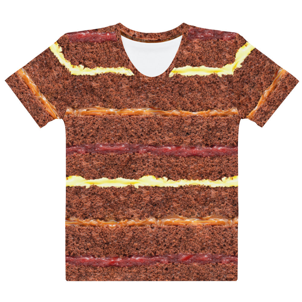 Chocolate Gateau Cake Layers all over print women's T-shirt laid flat front