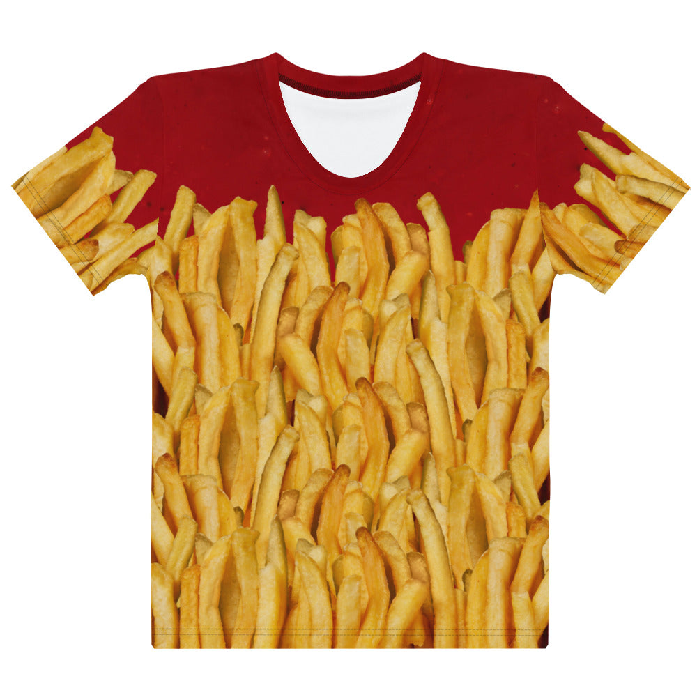 Women's French fries and ketchup all over print T-shirt, laid flat, front.