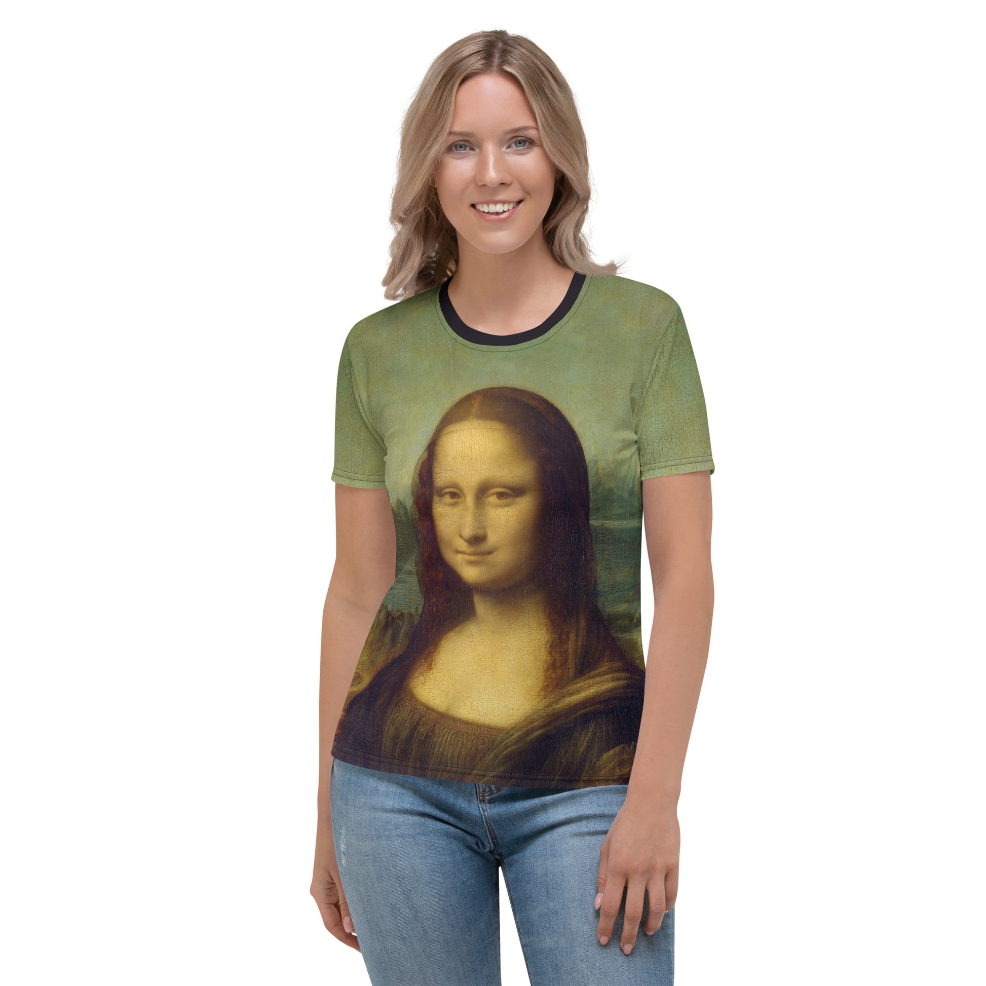 Young woman wearing an all over print Mona Lisa T-shirt, front view.