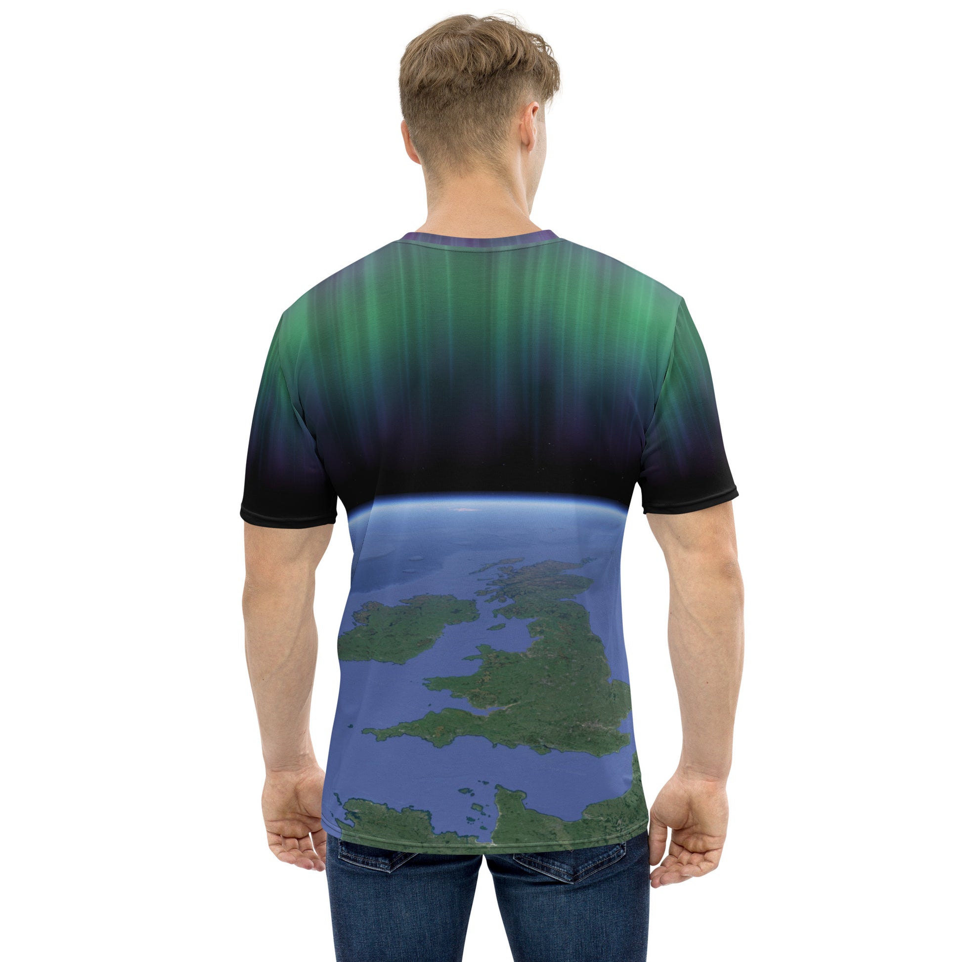 male model wearing an all over print Northern lights over the British Isles T-shirt, rear view