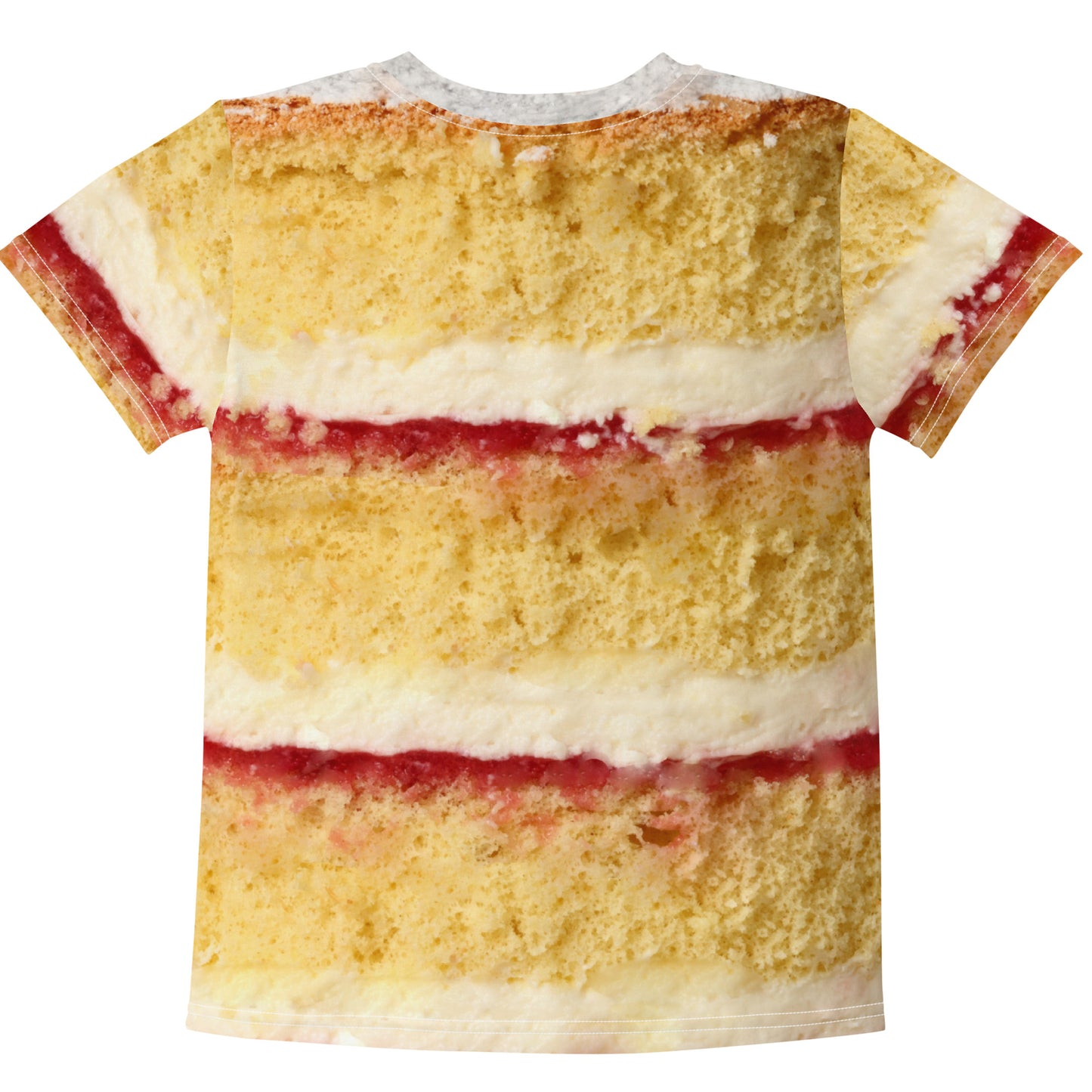 Victoria sponge cake layers with fresh cream and jam, all over print kid's T-shirt rear view laid flat