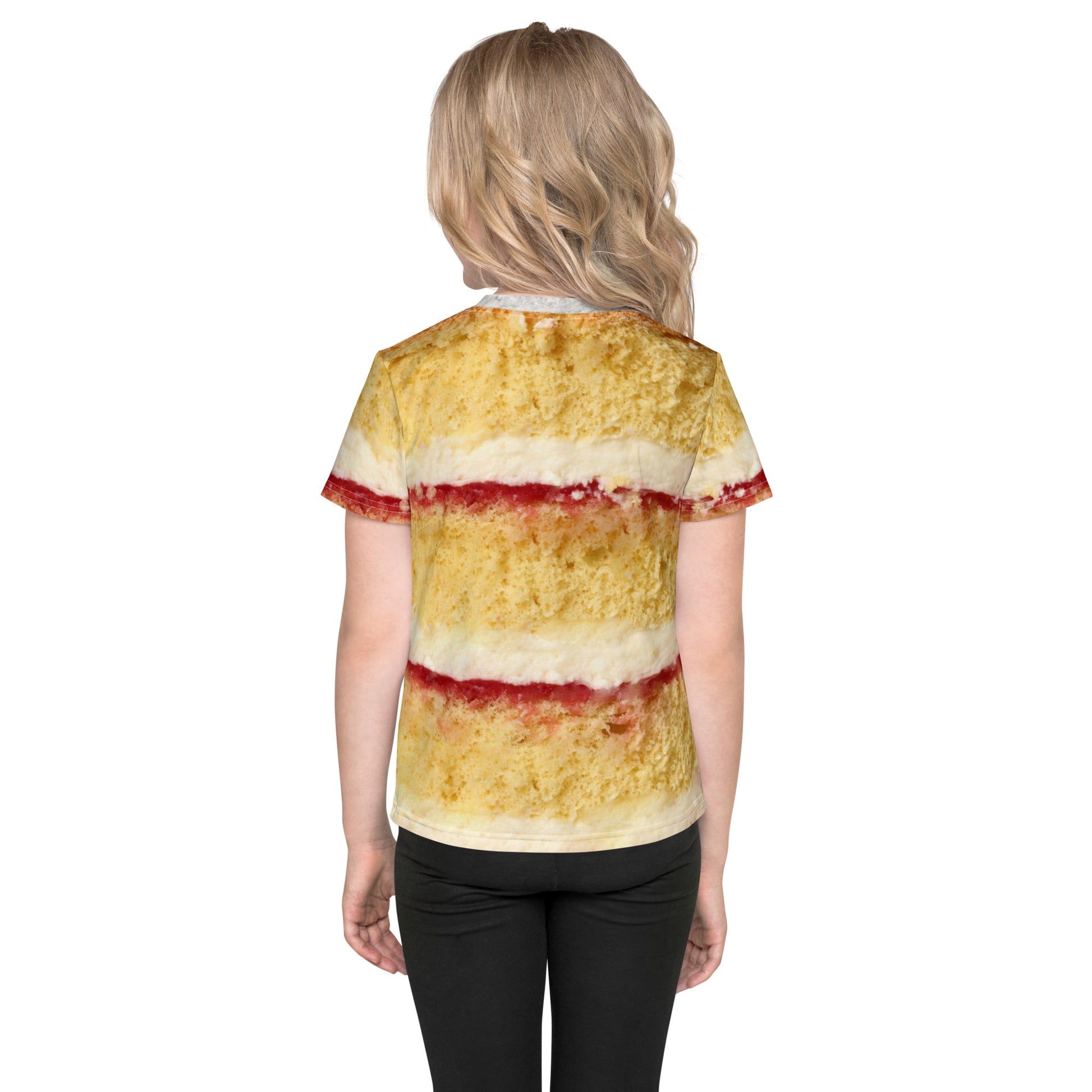 Little girl wearing Victoria sponge cake layers with fresh cream and jam all over print kid's T-shirt rear view