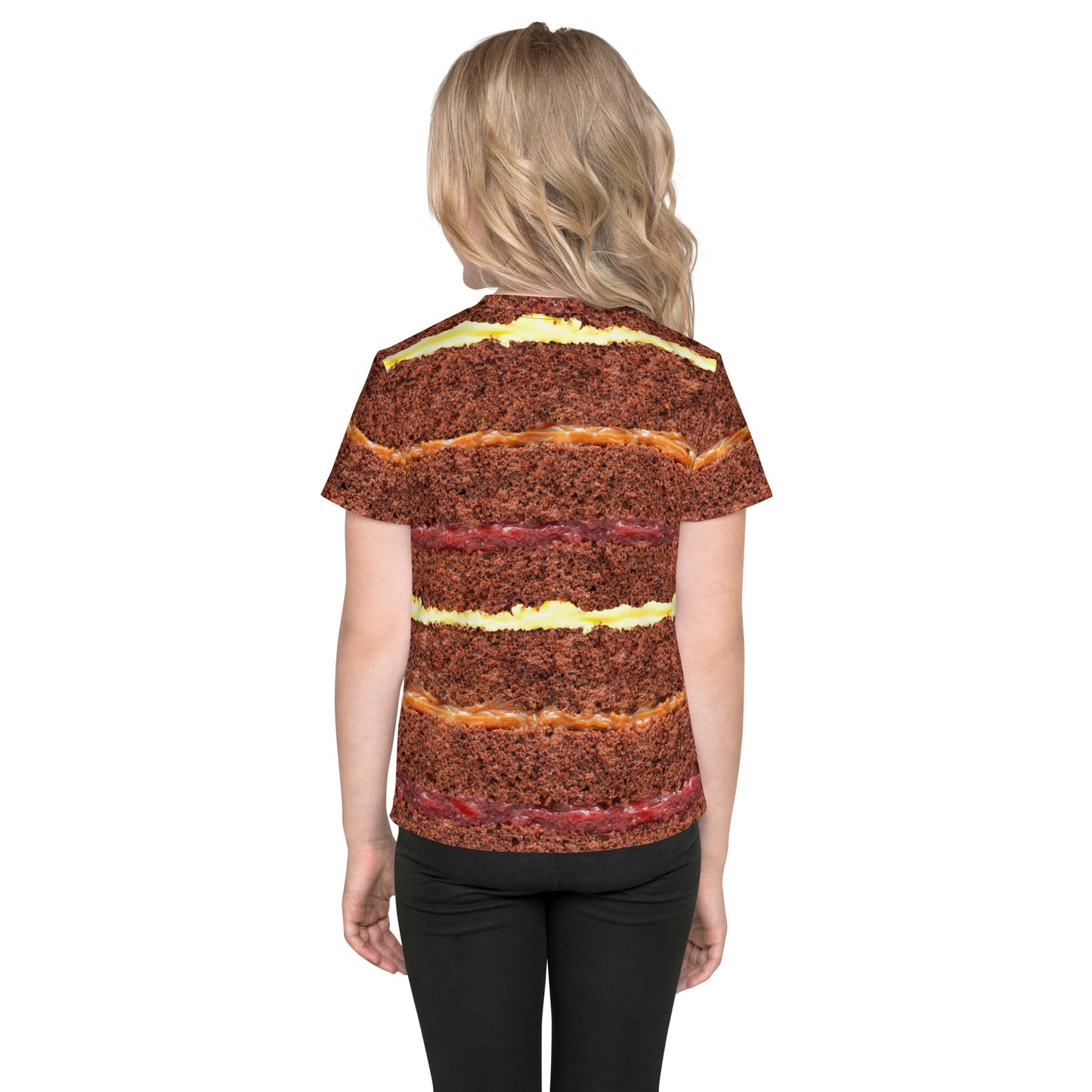 Little girl wearing chocolate cake layers all over print kid's T-shirt back of shirt