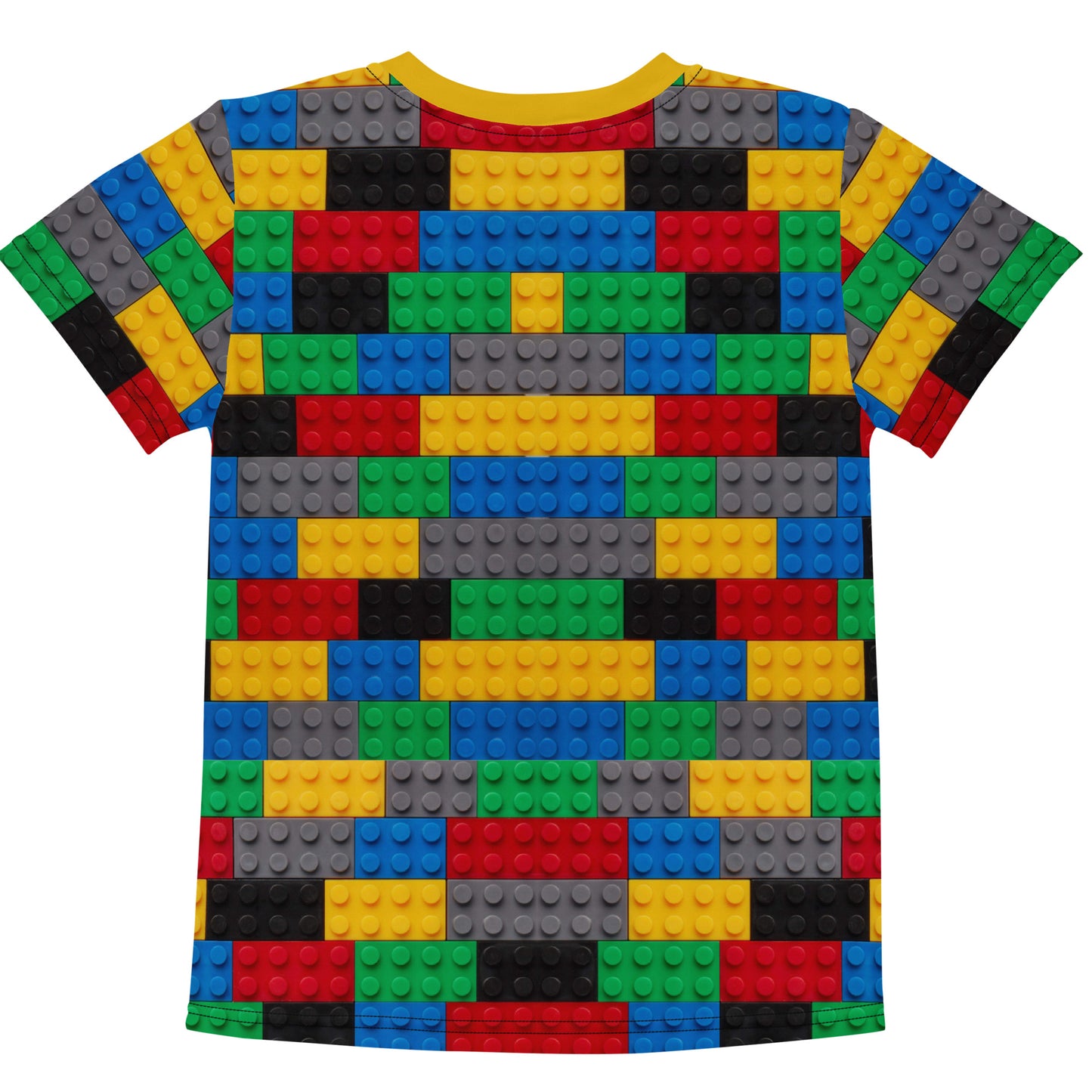 Colourful building blocks all over print kid's T-shirt, rear view laid flat