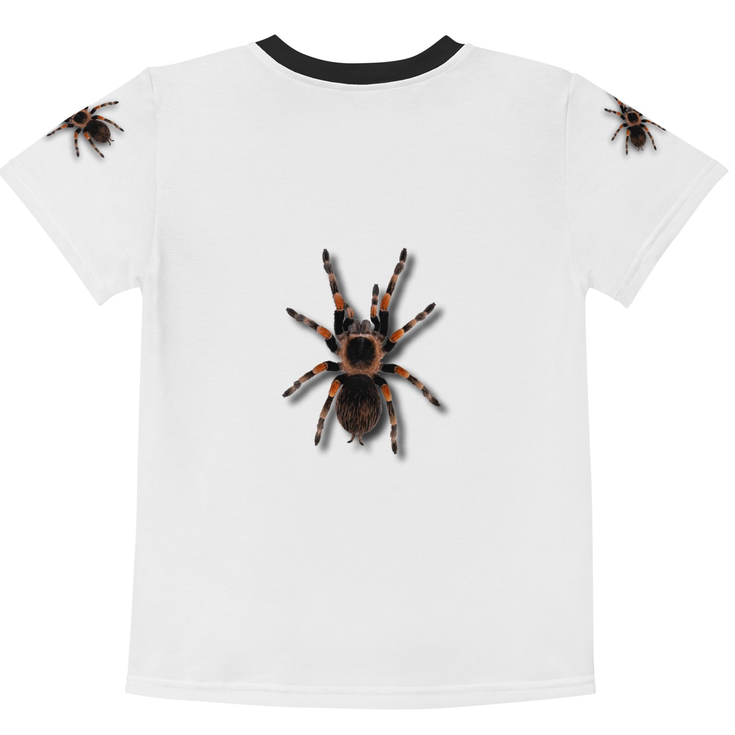 Monochrome 3D Tarantula spider T-shirt with one spider on each arm, front and back of shirt. Laid flat, back of shirt.