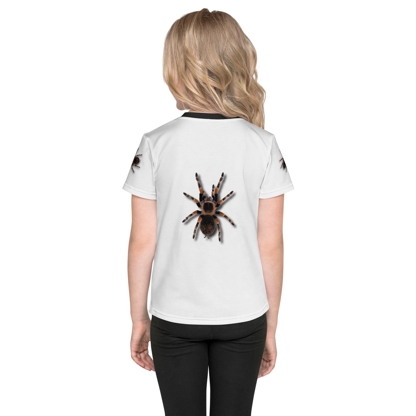 Little girl wearing a 3D Tarantula spider T-shirt with one spider on each arm, front and back of shirt. Rear view.