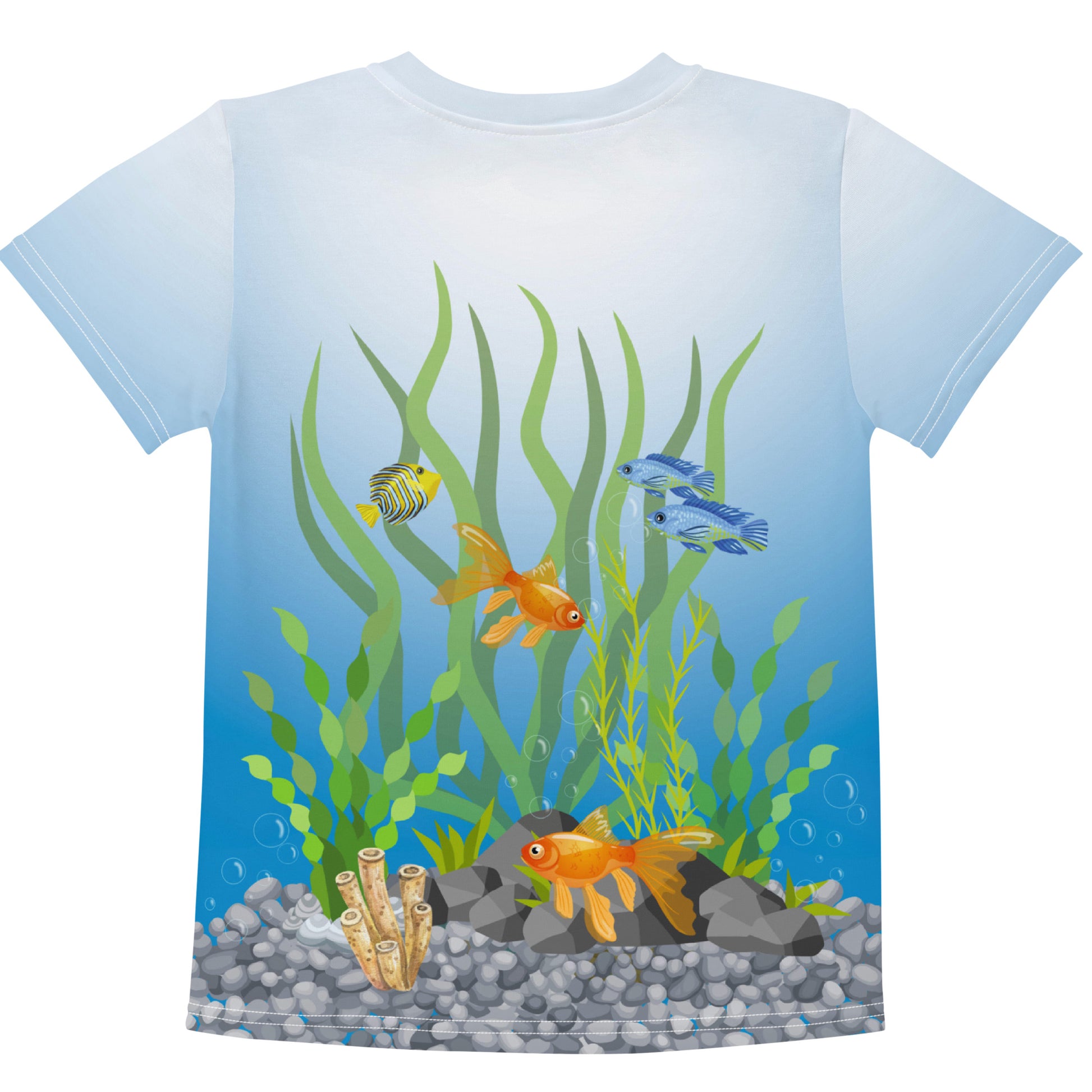 Tropical fish aquarium scene all over print T-shirt, laid flat, rear view.