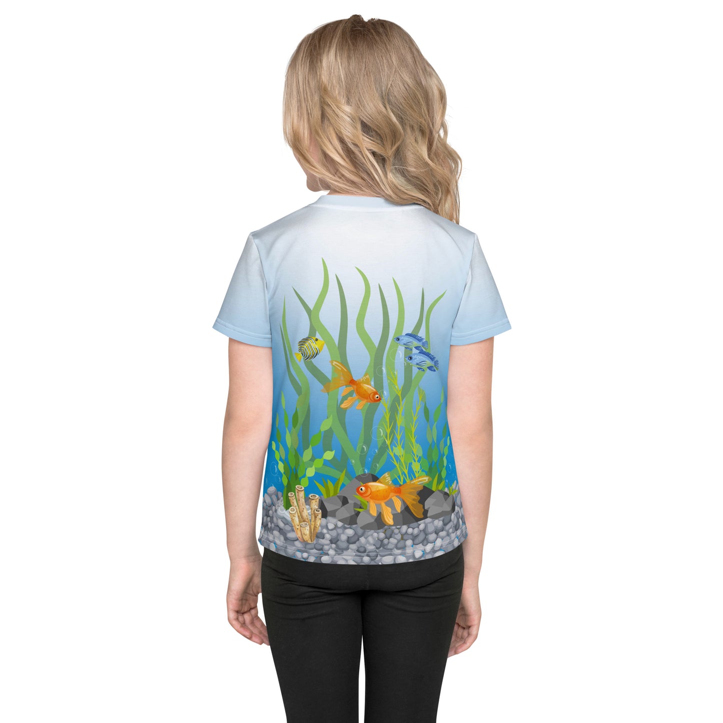 Little girl wearing a tropical fish aquarium scene all over print T-shirt, rear view