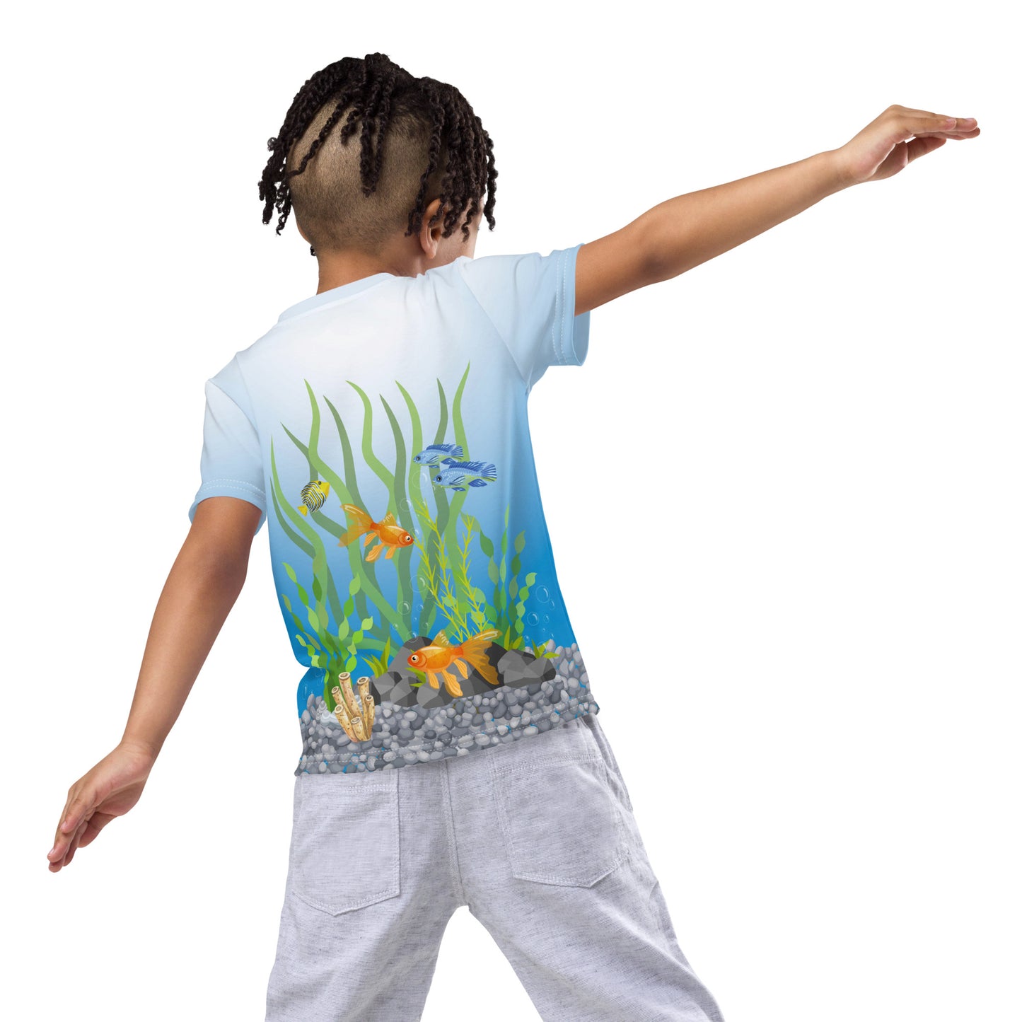 Little boy wearing a tropical fish aquarium scene all over print T-shirt, rear view