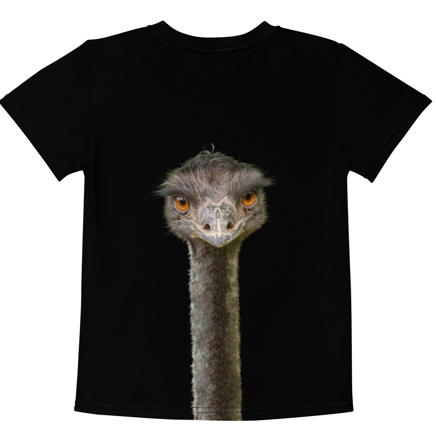 Black T-shirt with a tall Emu head and neck on both the front and back of the shirt, laid flat, back view