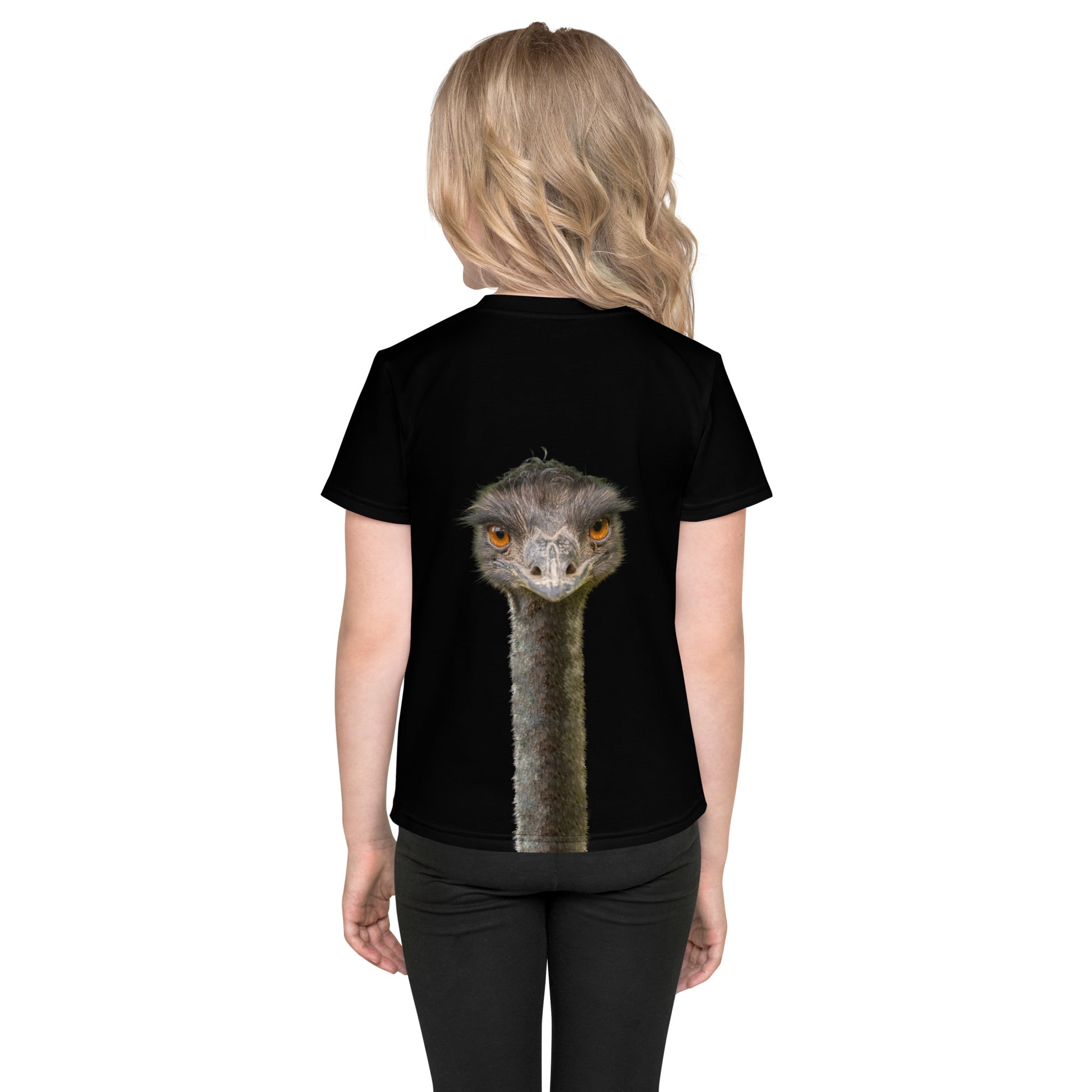 Little girl wearing a black T-shirt with a tall Emu head and neck on both the front and back of the shirt, back view