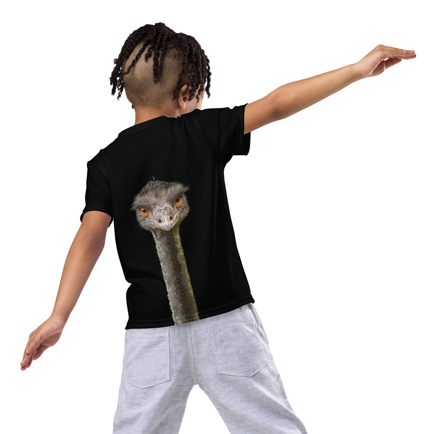 Little boy wearing a black T-shirt with a tall Emu head and neck on both the front and back of the shirt, rear view