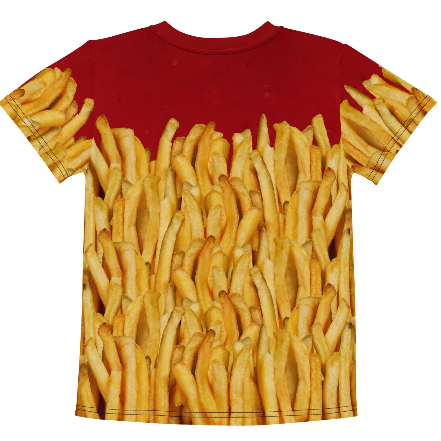 French fries and ketchup all over print T-shirt, laid flat, rear view