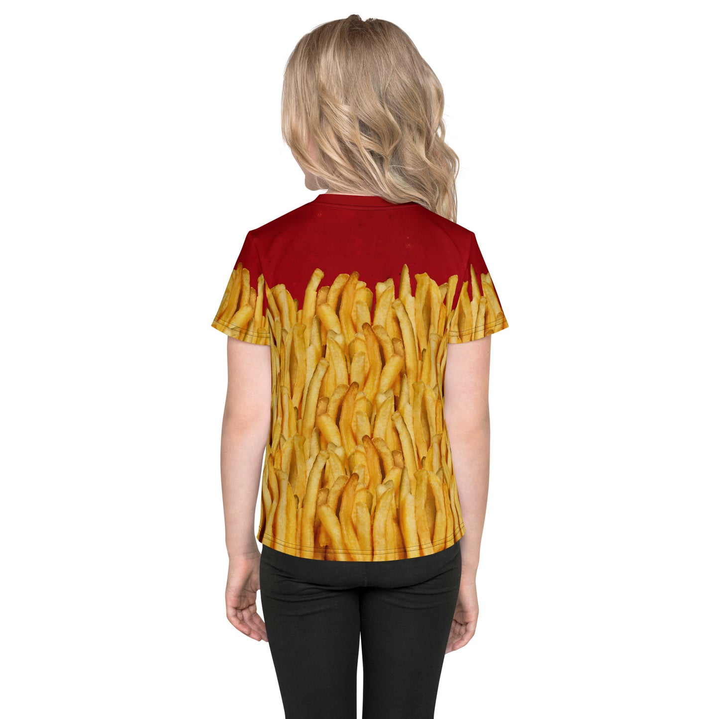 Little girl wearing a french fries and ketchup all over print T-shirt, back view.