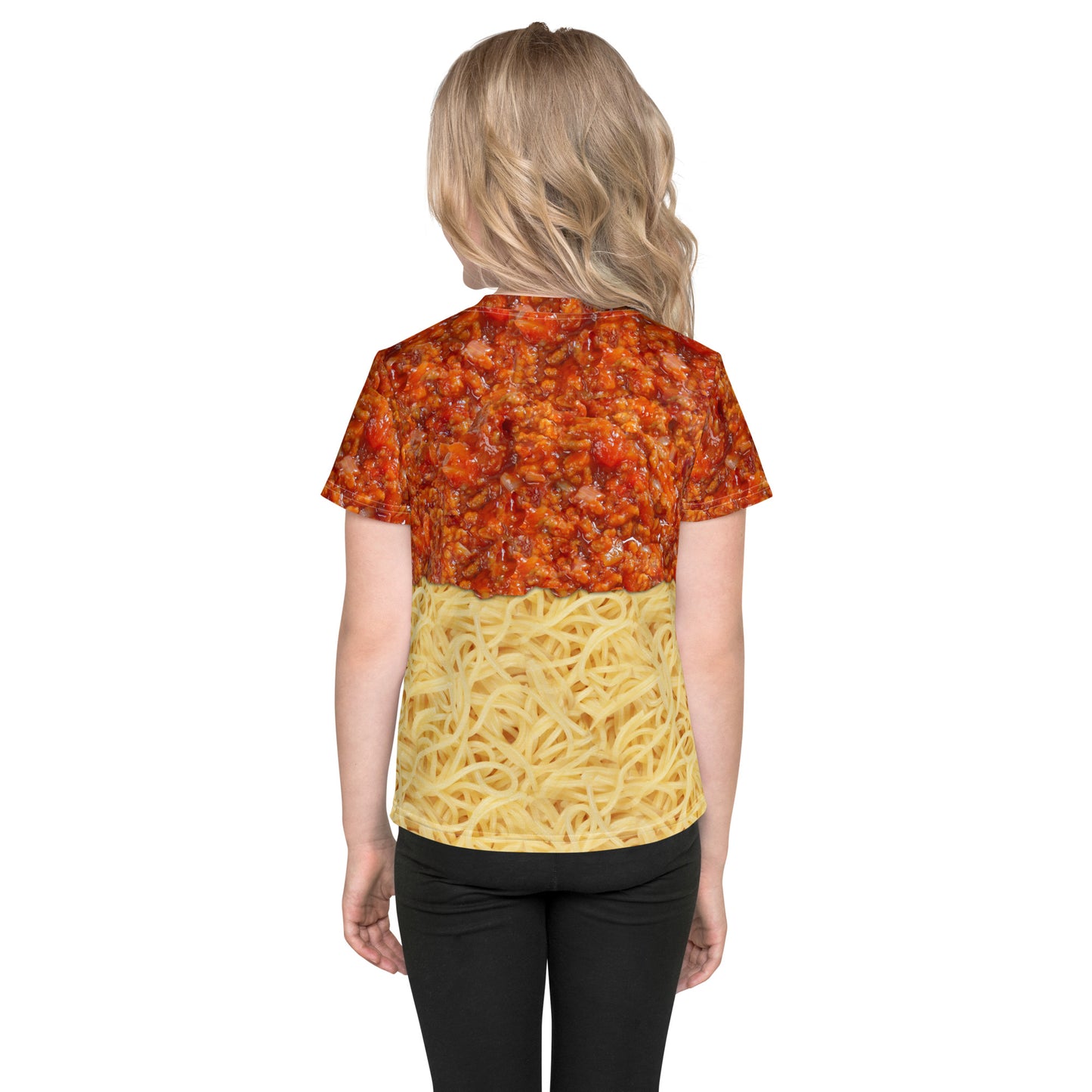 Little girl wearing a kid's spaghetti bolognese all over print T-shirt, rear view.