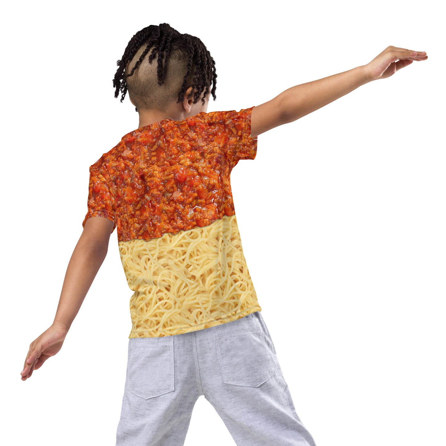 Little boy wearing a kid's spaghetti bolognese all over print T-shirt, rear view.