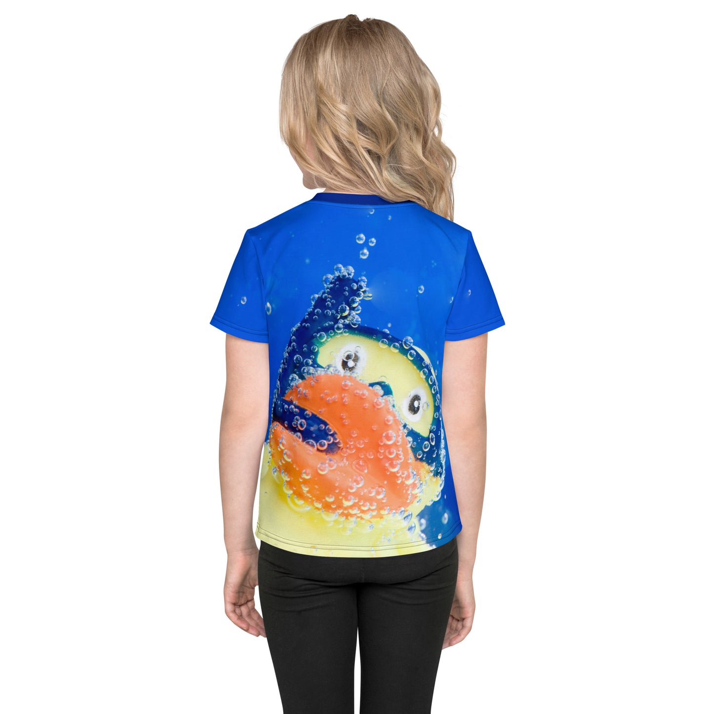 Little girl wearing an All over print Rubber Duck Snorkelling Underwater T-shirt, rear view.