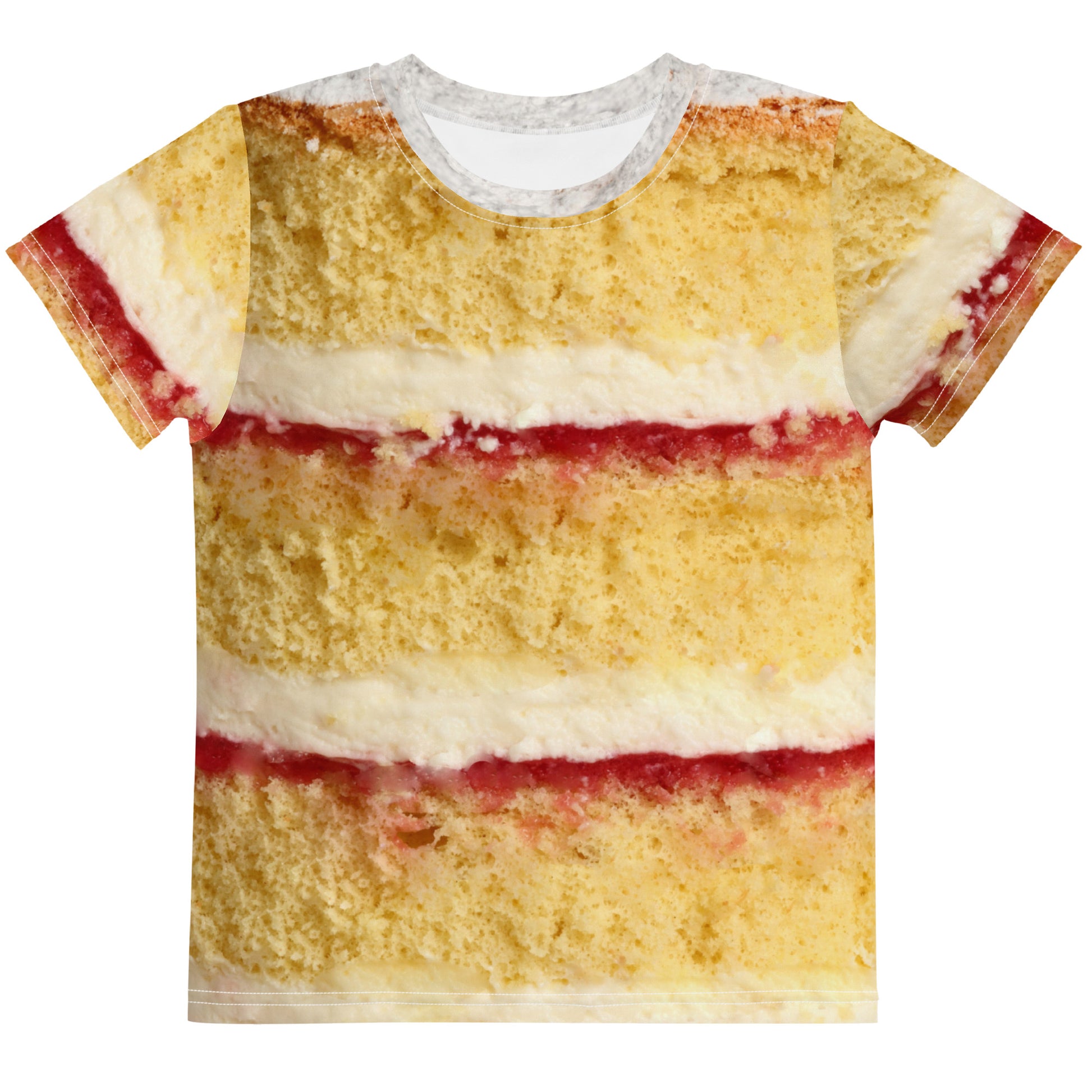 Victoria sponge cake layers with fresh cream and jam, all over print kid's T-shirt front view laid flat