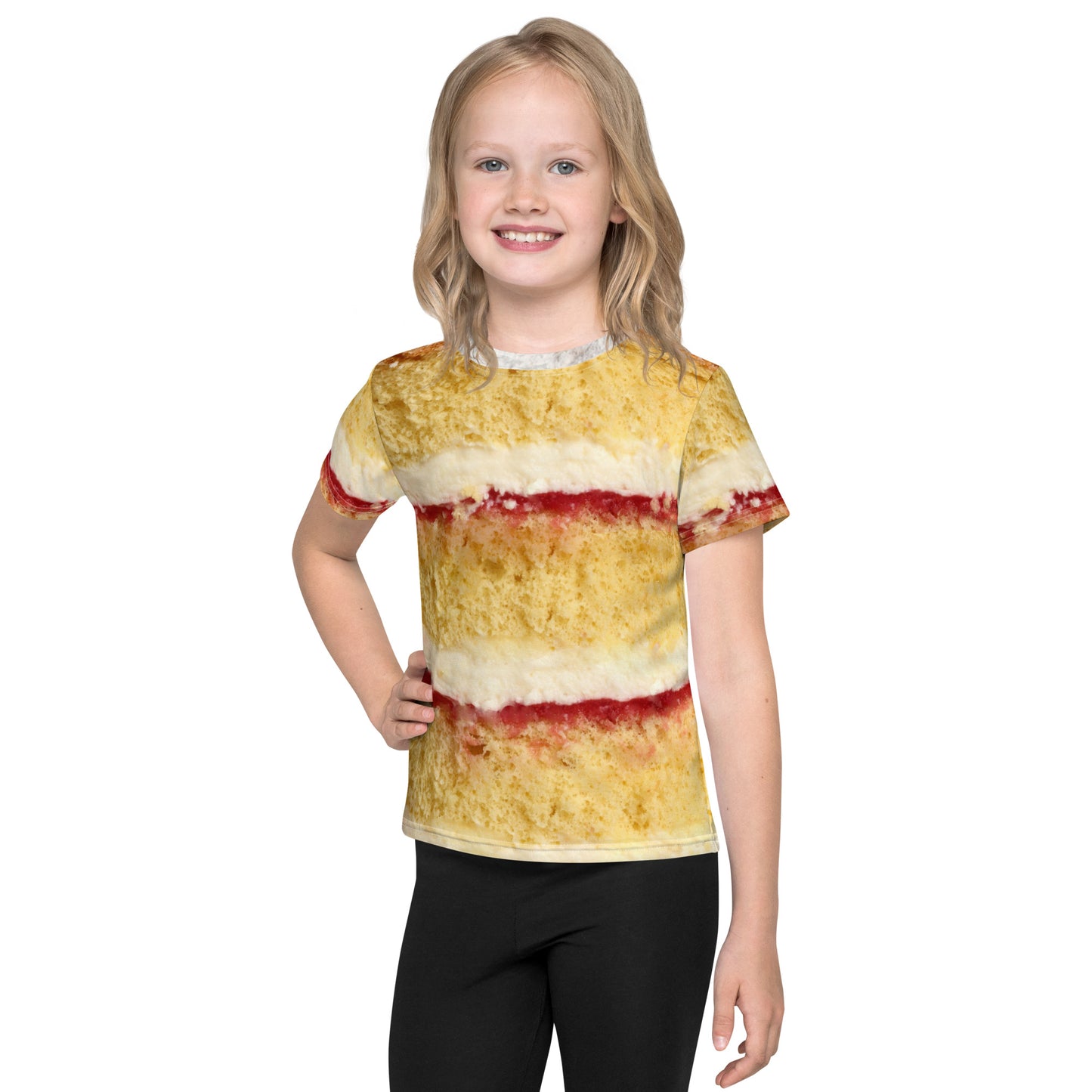 Little girl wearing Victoria sponge cake layers with fresh cream and jam, all over print kid's T-shirt front view