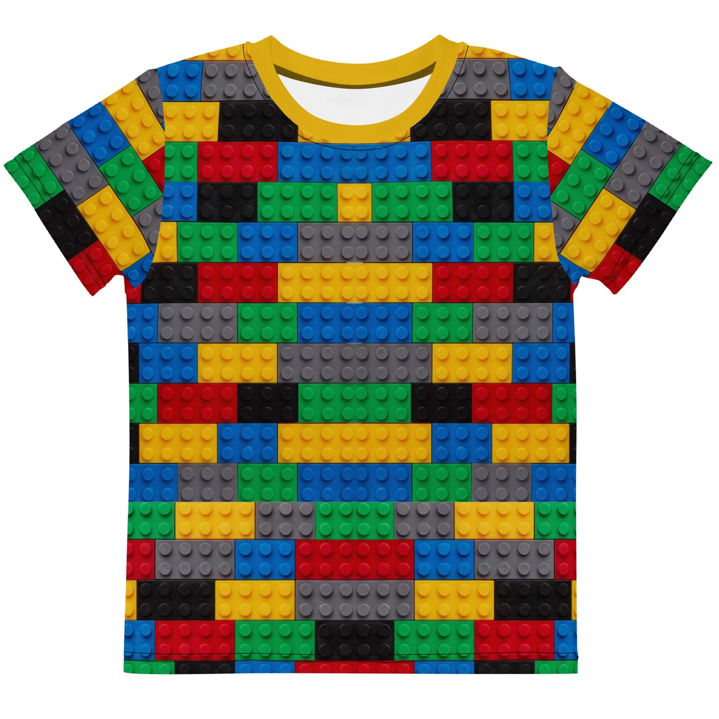 Colourful building blocks all over print kid's T-shirt front view laid flat