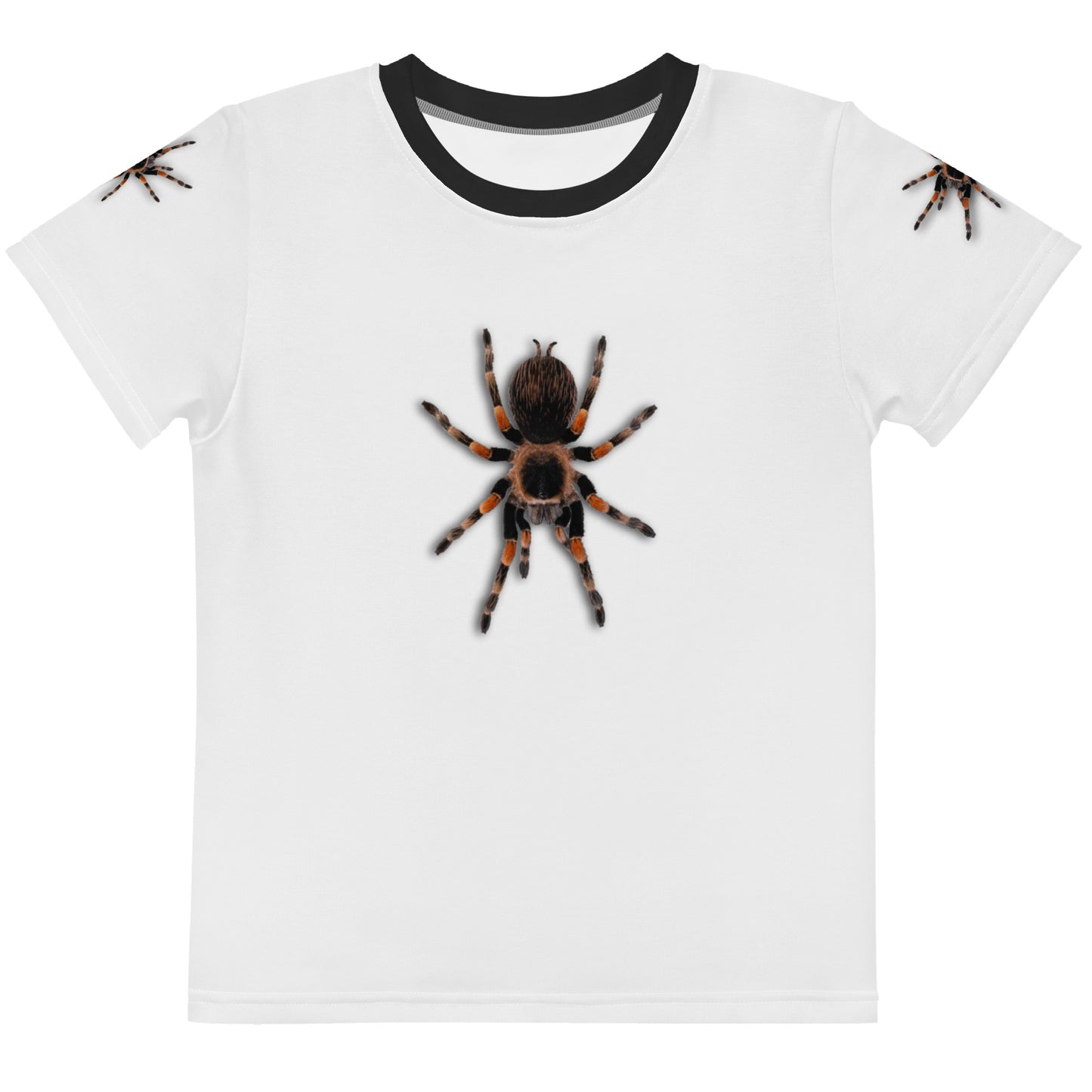 Monochrome 3D Tarantula spider T-shirt with one spider on each arm, front and back of shirt. Laid flat, front view.