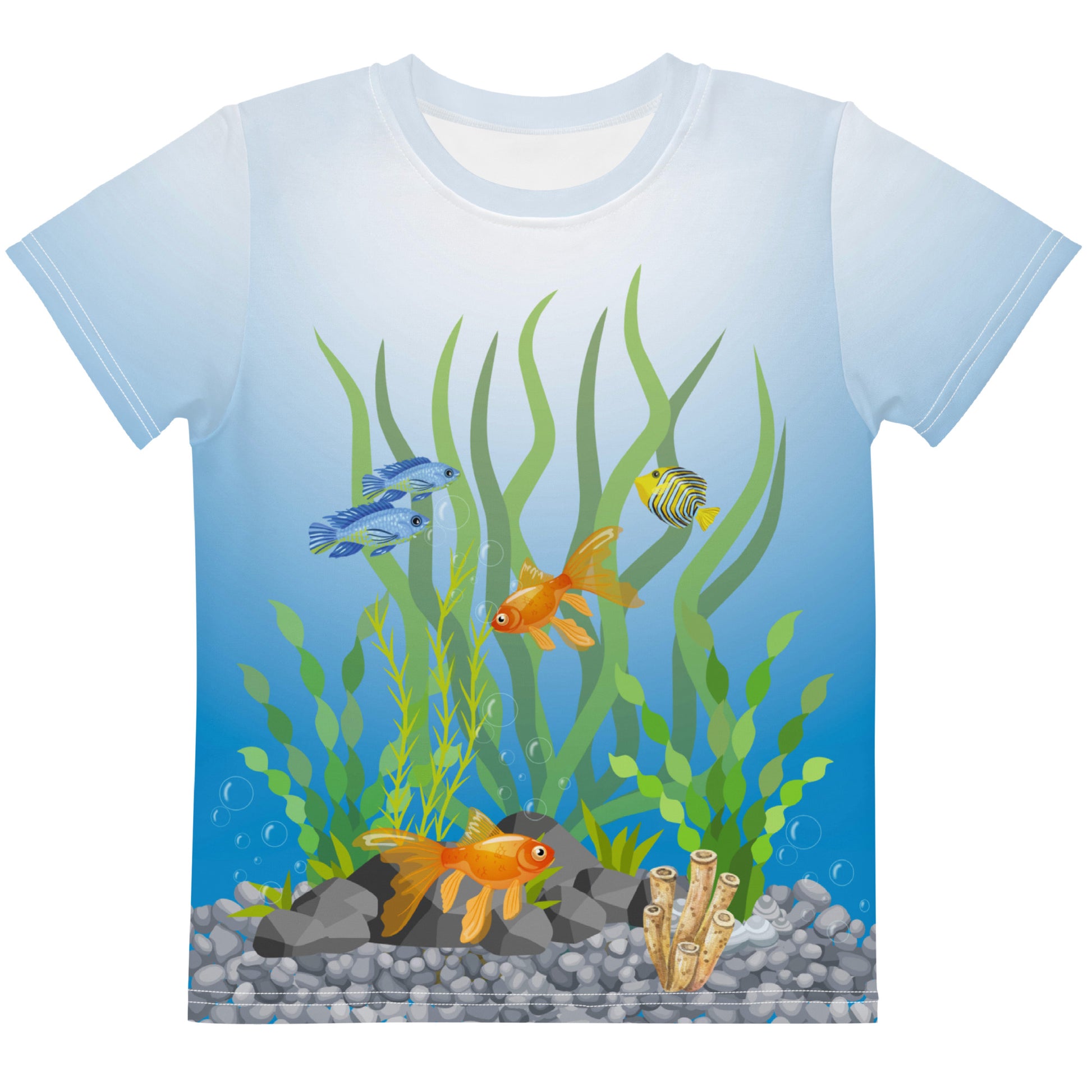 Tropical fish aquarium scene all over print T-shirt, laid flat, front view