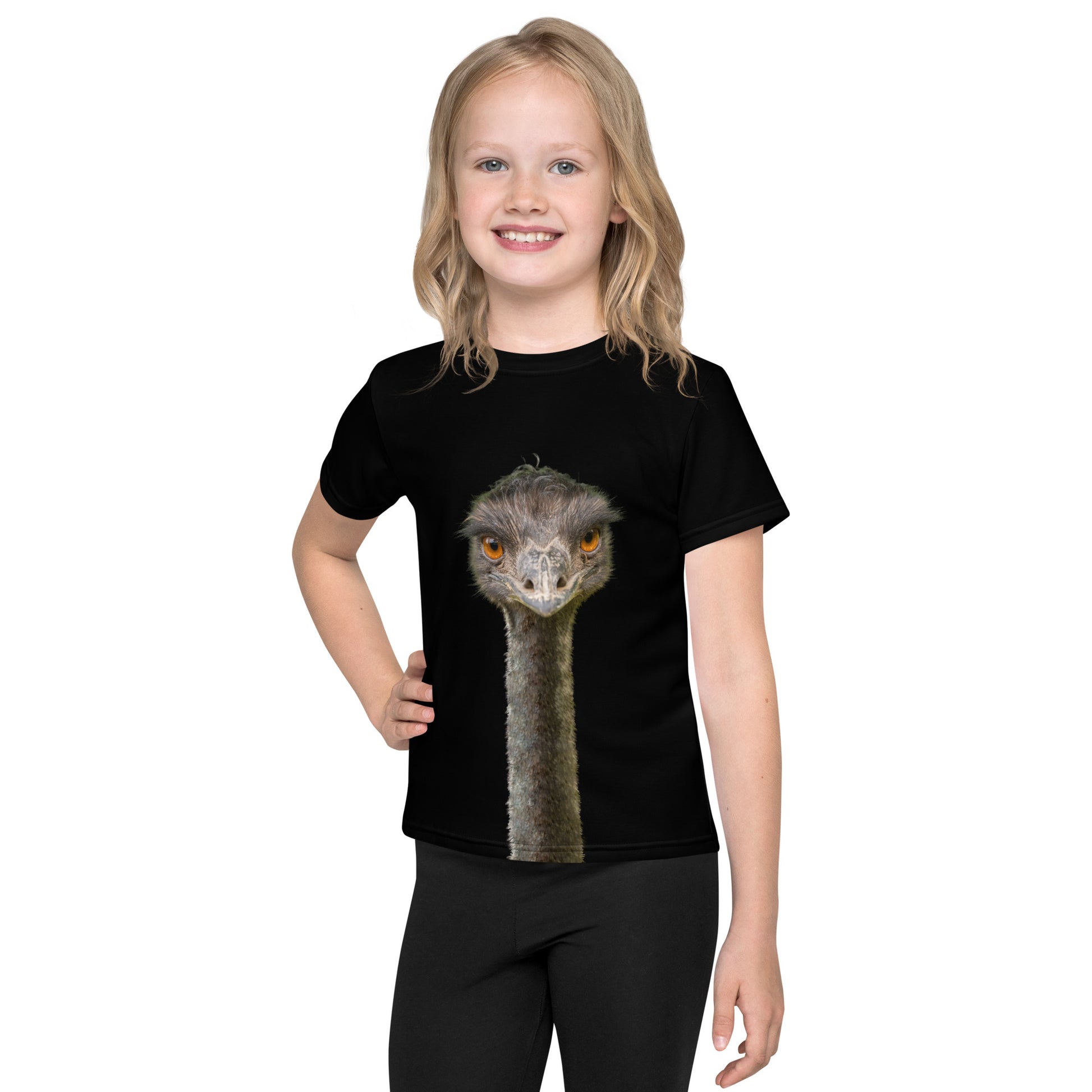 Little girl wearing a black T-shirt with a tall Emu head and neck on both the front and back of the shirt, front view