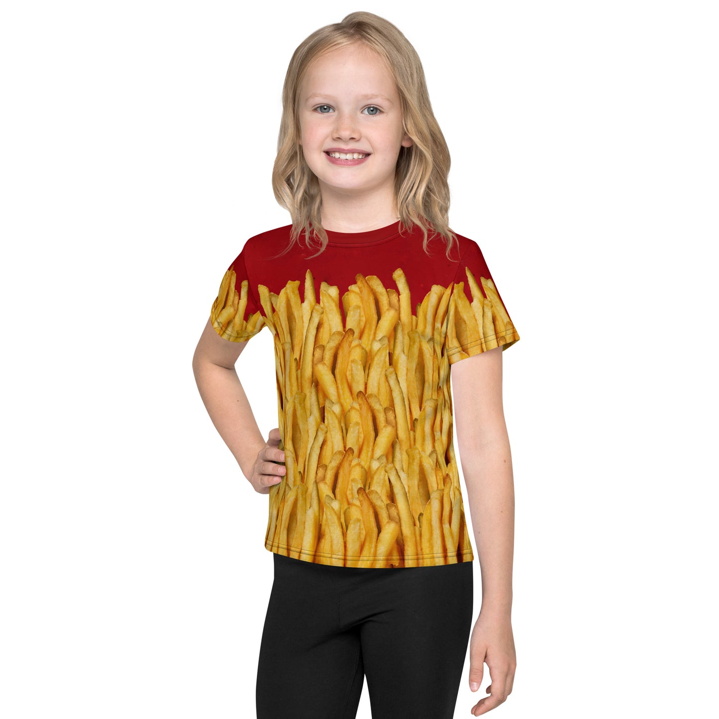 Little girl wearing a french fries and ketchup all over print T-shirt, facing forward.