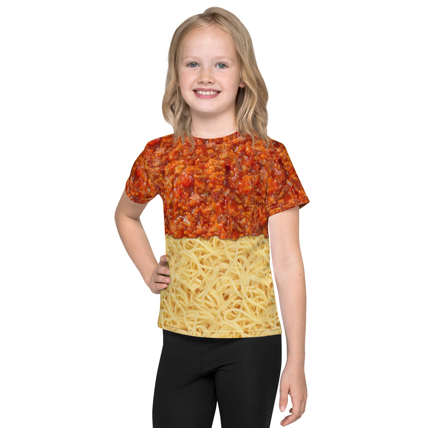 Little girl wearing a kid's spaghetti bolognese all over print T-shirt, front view.