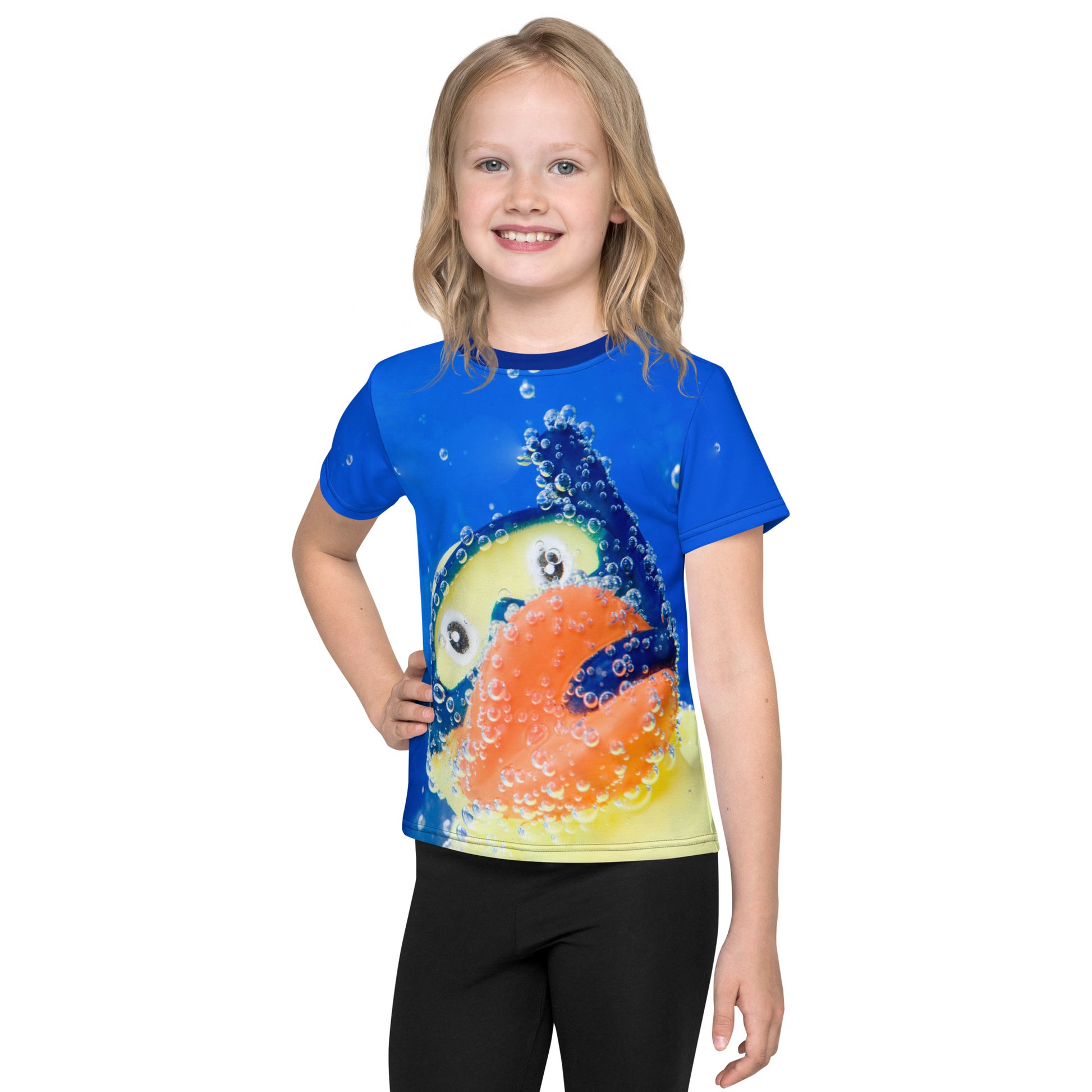 Little girl wearing an All over print Rubber Duck Snorkelling Underwater T-shirt, front.