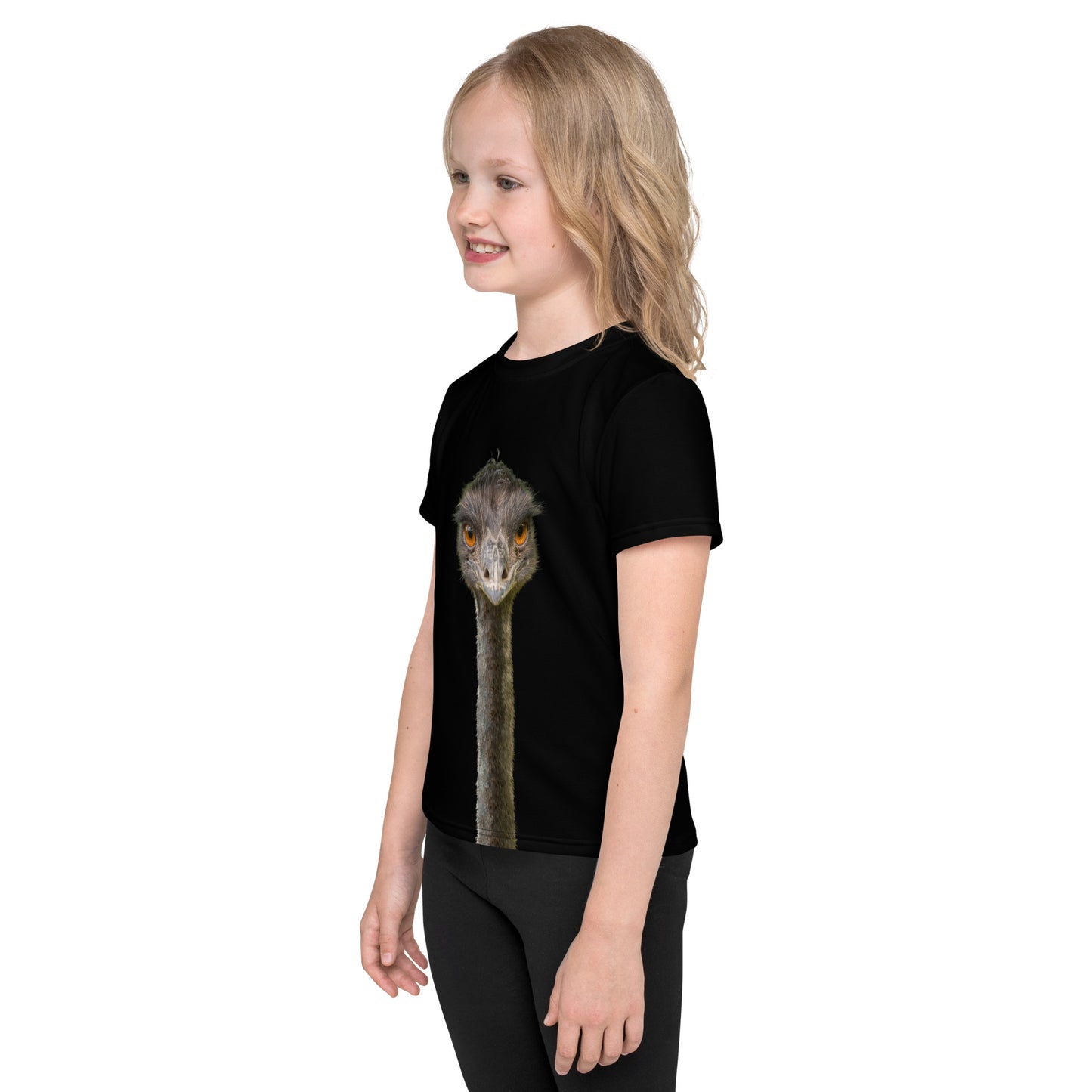 Little girl wearing a black T-shirt with a tall Emu head and neck on both the front and back of the shirt, left view