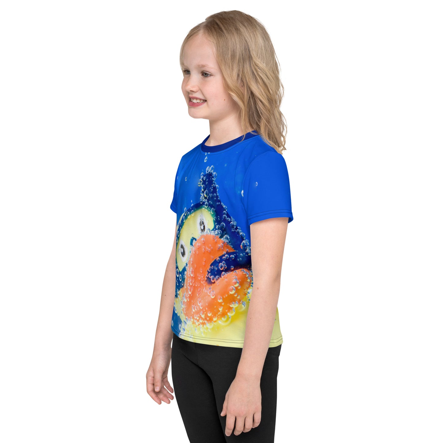 Little girl wearing an All over print Rubber Duck Snorkelling Underwater T-shirt, left side.